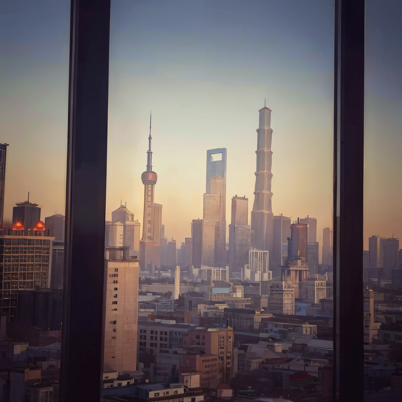Overlooking the city skyline，High-rise buildings and clock towers, Prime time in Beijing, shanghai city, skyline showing from the windows, shanghai, There are tall glass skyscrapers, skyscrapers in the background, Celebrating Chinese New Year in Shanghai, skyline behind, beijing, towering over a city, skyline showing, skyscrapers in the distance
