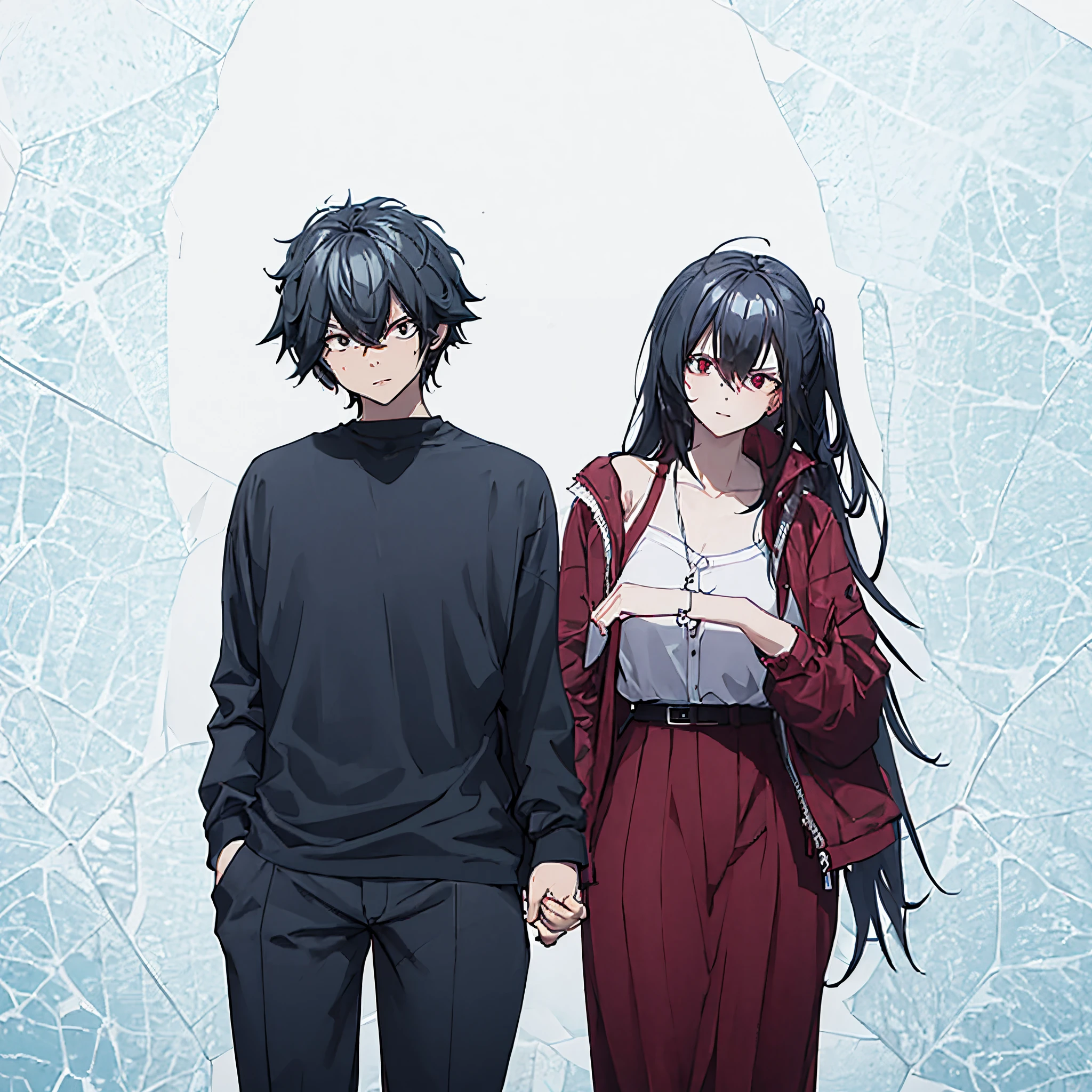 a man in black casual clothes holding the hand of a woman with red eyes red casual clothes in a park