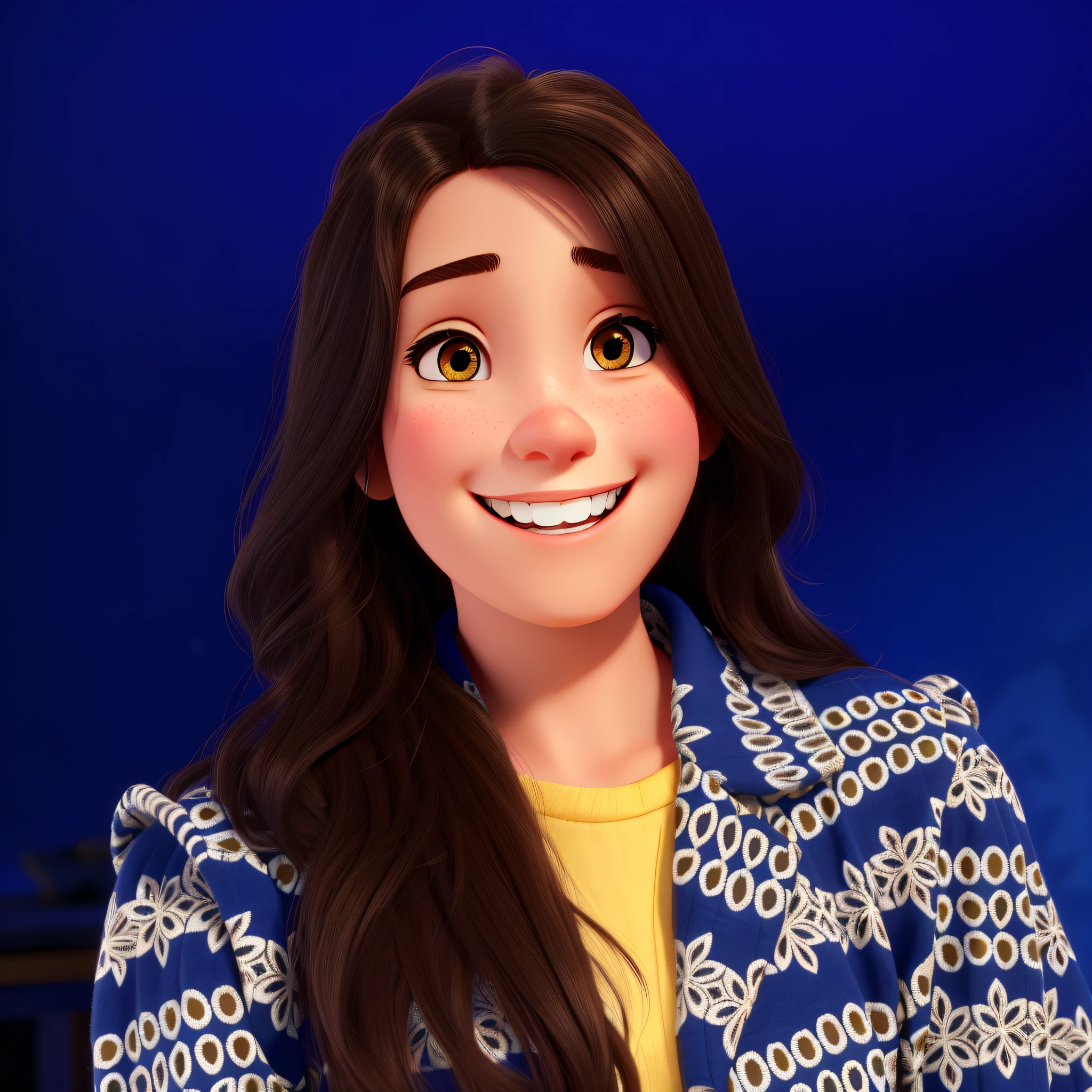 Uma jovem sorrindo, olhos castanhos, luz suficiente sobre ela no estilo Disney Pixar, alta qualidade, best quality