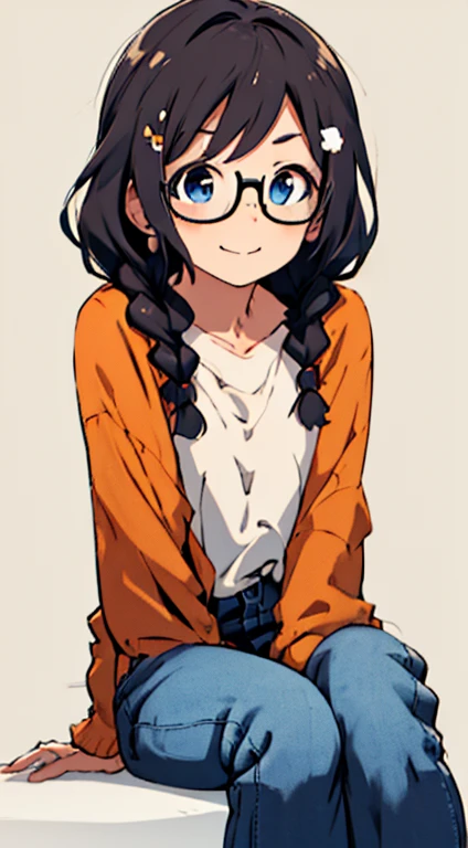masterpiece, top-quality, One lady, Japan people in their 20s, A smile with the corners of his mouth raised, a smile, I'm embarrassed, (A dark-haired, Short perm, Short Bob, Curly/curly hair, With bangs, The back hair is in a high ponytail, two braids, Attach hairpins to both sides of your bangs), (thick eyebrow, draw thick eyebrows), (drooing eyes, Blue eyes, Blue eyes), Small nose, Thicker lips, (Rimless glasses, Small glasses, glasses for women), Wheat-toned skin, black jacket, wearing an orange hoodie, wearing blue jeans, wearing brown shoes, and draw the full body, Sitting pose with both knees raised, dynamic sitting pose, The background is blue sky, (Looking at the camera, Front of camera, Look at viewers, Front attitude, Turn your face to the viewer, whole body facing the viewer).