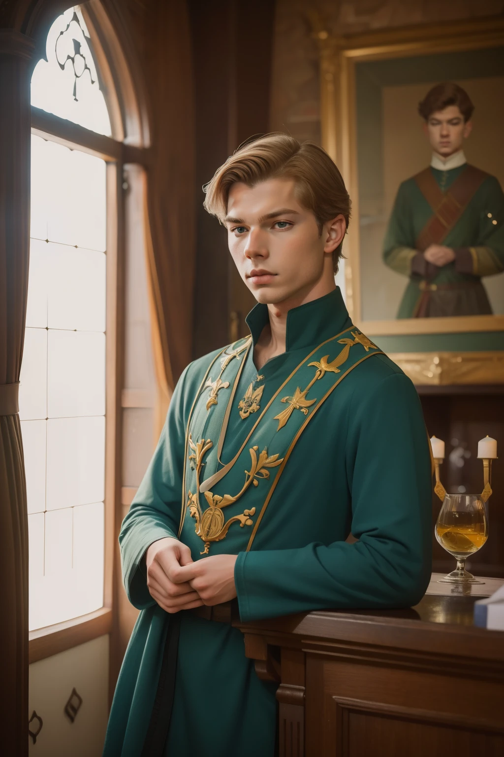 1136, Earlcastle, England. otherworldly scene in a luxurious medieval house, ((((19-year-old)) Hunter Parrish)), spy, observing, humiliated, ((anger, frowning)), ((sadistic expression, smirk)), ((((tunic from the 12th century)))), ((Hairstyle of the 12th century)), ((Wes Anderson cinematic style)), colorful