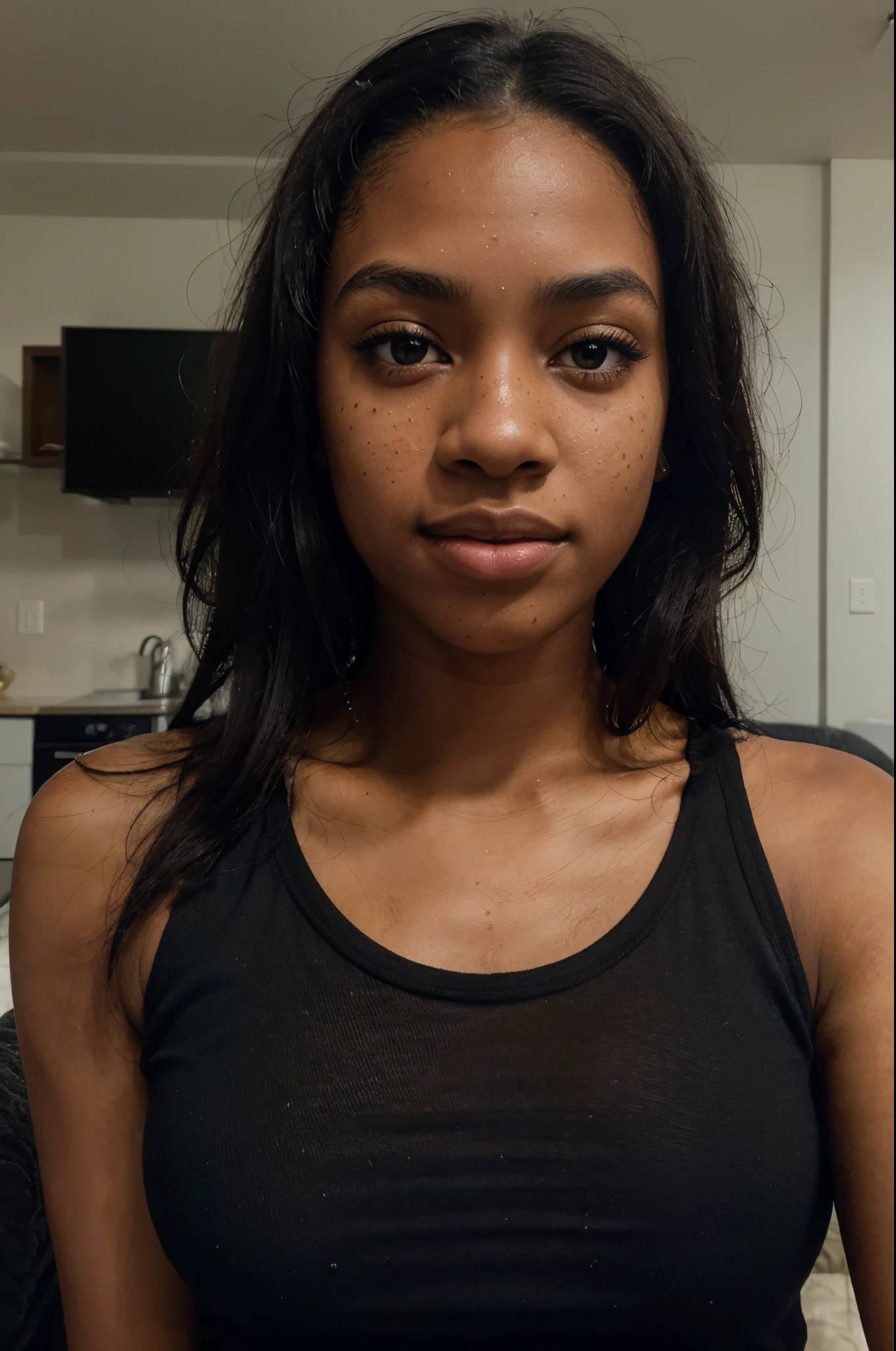 (amateur 1.2), amateur camera selfie of 19 years old black female, black hair, low exposure, low lighting, unprofessional natural lighting, realistic lighting, dark light, low light, black female with very low freckles on her face and black eyes with hyper realistic eye lashes, hyper realistic skin all over her, beautiful face, detailed face, image noise, low visible impurities, very low slight freckles, detailed black skin texture, low detailed skin pores, low impurities on the face, details eyes, eyebrow details showing each individual hair, very minimal and slight redness and imperfections around eye lids, low quality lighting, no light on, selfie, black tank top, huge tits, slightly smiling looking sexy, realistic skin, medium messy hair, black skin american, medium hair, neutral face, low freckles, normal black eyes, little spots, little acne, wearing black t-shirt, inside modern living room, 2 feet from camer