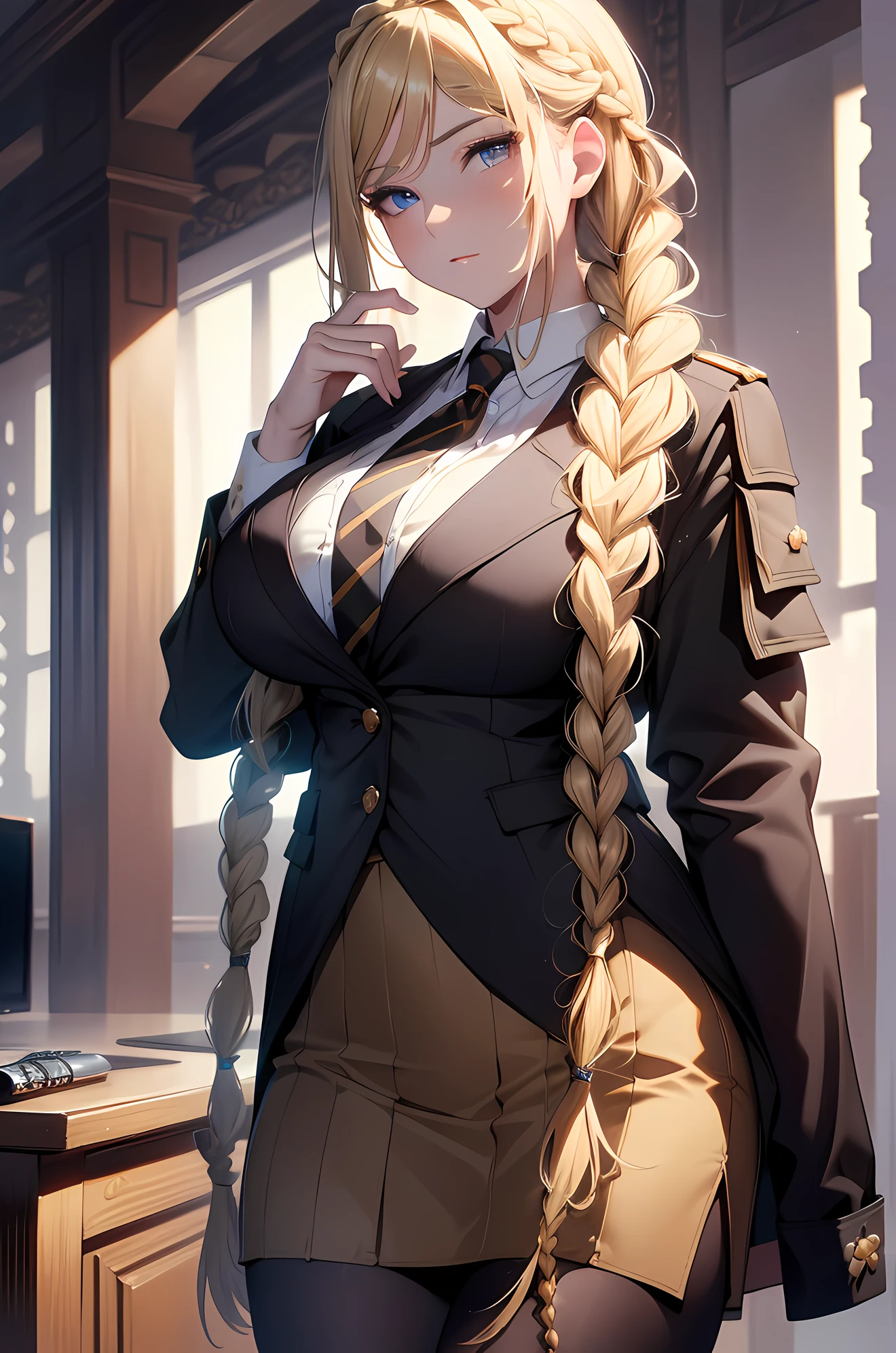 absurd, 8K, high resolution, Ultra-detailliert, beautiful, Meisterwerk, best quality, very pretty woman, Jung, blondes Haar, Bankkaufmann, langer enger Rock, Blazer, (very large breasts:1.3), (long braid over the shoulder:1.6), detailliertes Frauengesicht, Sehr attraktiv, In der Bank