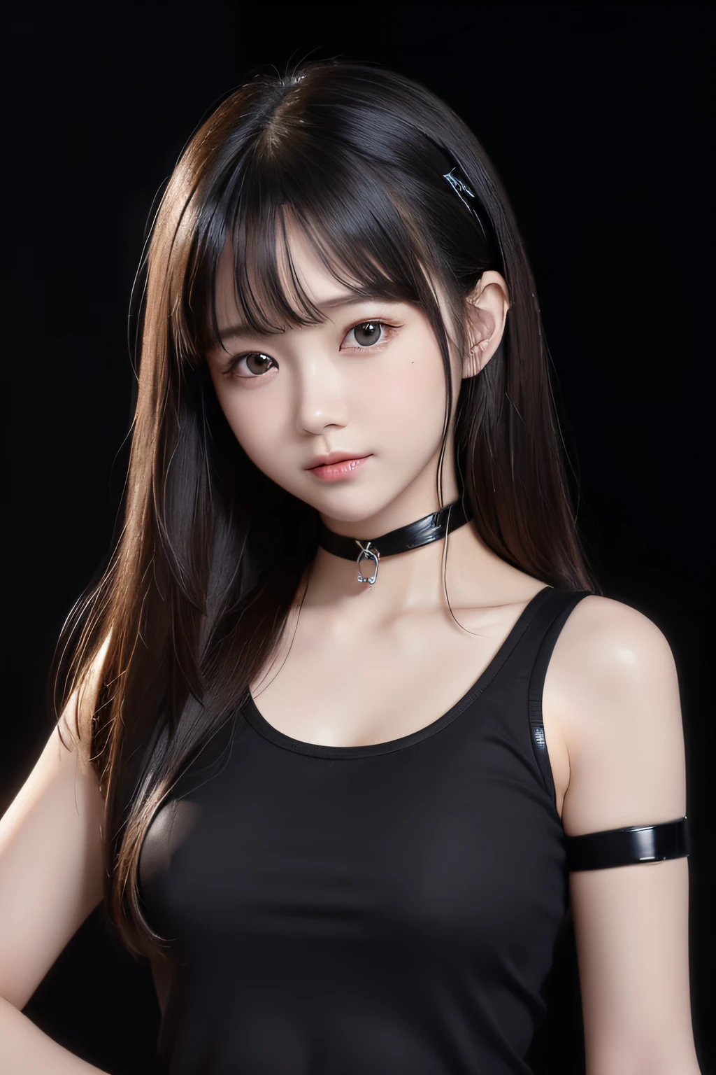 high quality picture, masutepiece, detailed hair texture, Detailed skin texture, Detailed Cloth Texture, 8K, Add fabric details, ultra detailed skin texture, ultra detailed photographic, Skin pores, Portrait of a girl, wearing a black tank top,　小柄、Slimed、flat body、12-year-old girl,(Pitch black background)、Loli with an elementary school face、Cool Face、、a choker、, Drill Hair、Brown eyes,(ultra-detailliert,  Glow:1.4), Many Small Gems、with round face、　Neon Noir Beautiful Female Semi Robot,Looking at Viewer,  Cyberpunk,  High contrast, low illuminance,  Highly detailed, Silver hair color, Stunned face、((Puffs out the cheeks)), ((alphanumeric armband:1.3))