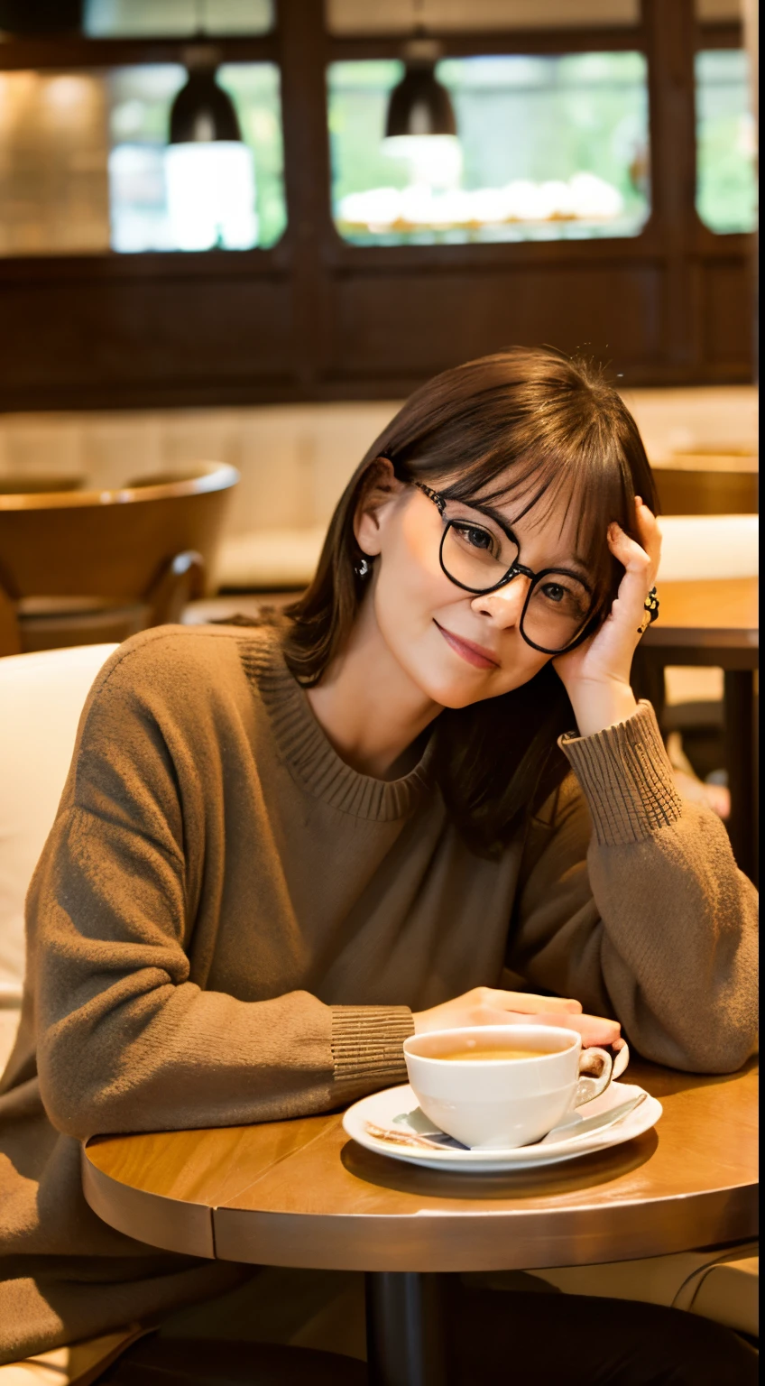 wearing tortoise-colored glasses、a 50 year old woman、Relaxing at the indoor cafe