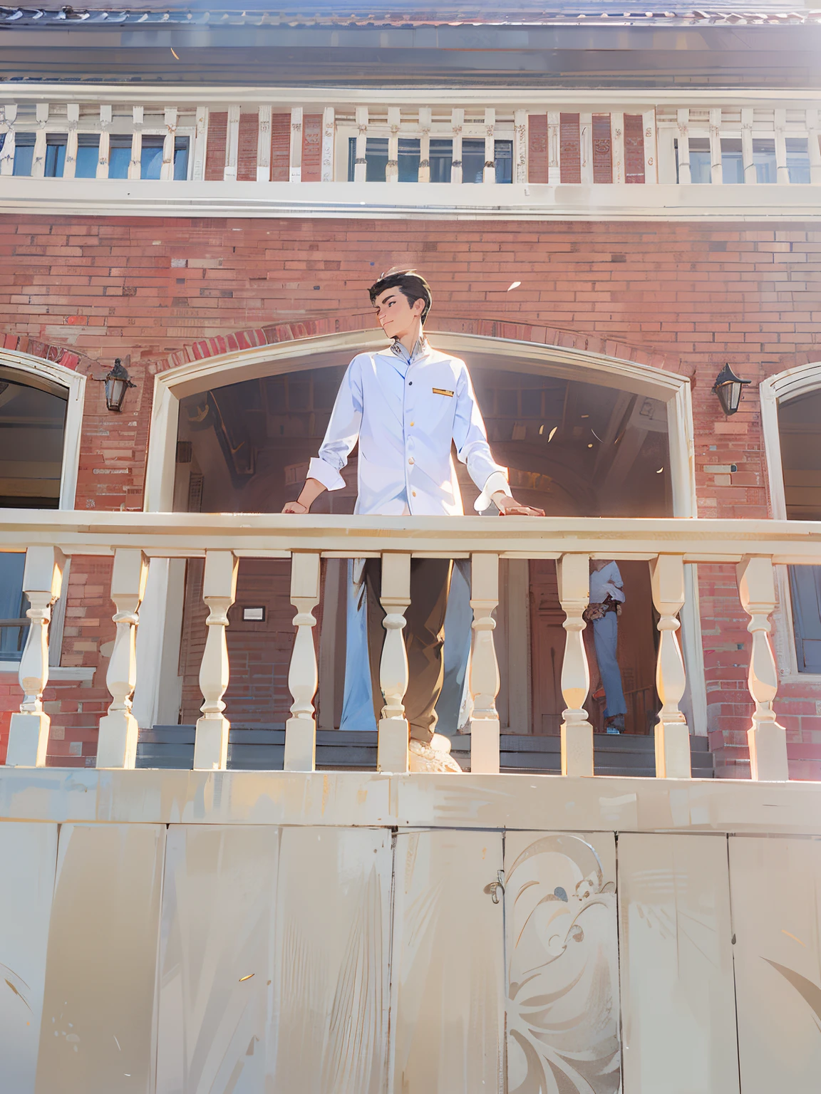 there is a man standing on a balcony with a skateboard, arhitectural shot, full pose, doing an elegant pose, upscale photo, in front of the house, photo shoot, balcony scene, in balcony of palace, casual pose, very artistic pose, distant full body shot, shot from roofline, shot on 70 mm, shot on 7 0 mm