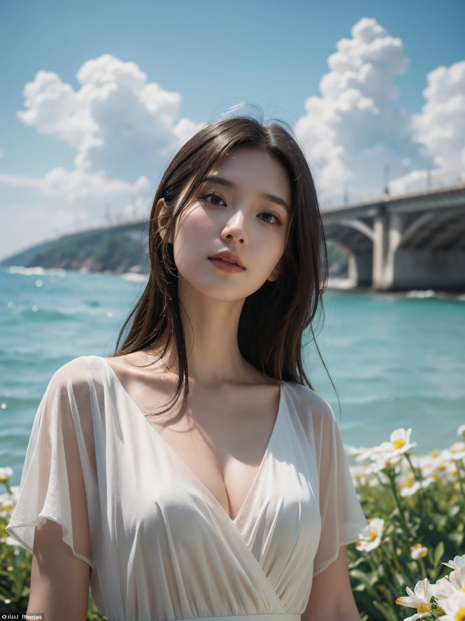 ((pure beauty:0.8, ultra-realistic:1.2)), caucasian flesh:1.2, bright eyes:1.1), light contrast and hue:1.1, high surface:1.1, image quality:ultra hd:1.ortrait, high nose bridge, dynamic angle, clouds and sea, field of flowers in the foreground, light tracking, lifelike, informal art, unity 8k, masterpiece，best quality, gleaming skin, cinmatic lighting,