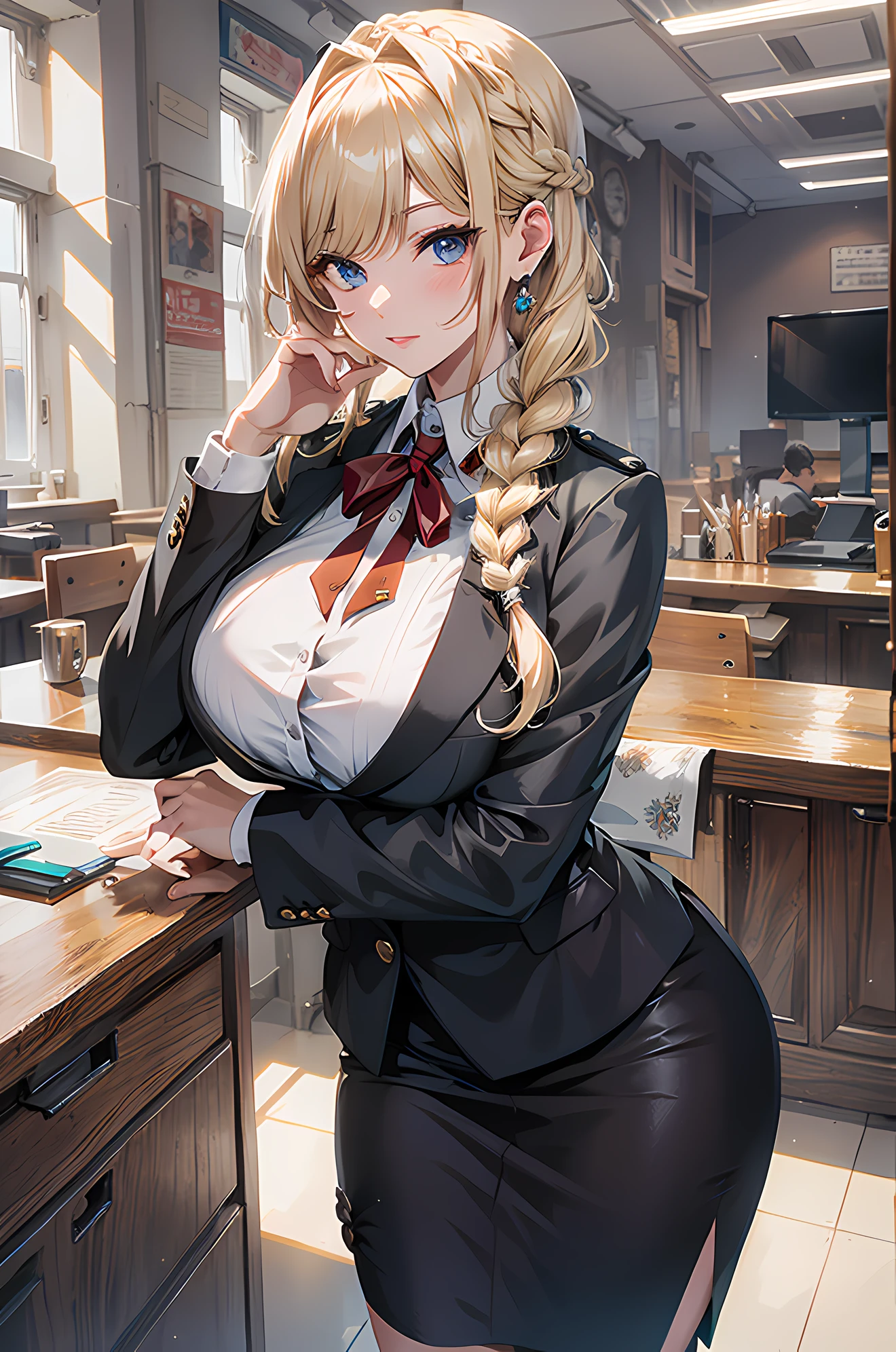 absurd, 8K, high resolution, Ultra-detailliert, beautiful, Meisterwerk, best quality, very pretty woman, Jung, blondes Haar, Bankkaufmann, langer enger Rock, Blazer, (very large breasts:1.3), (long braid over the shoulder:1.6), detailliertes Frauengesicht, Sehr attraktiv, In der Bank