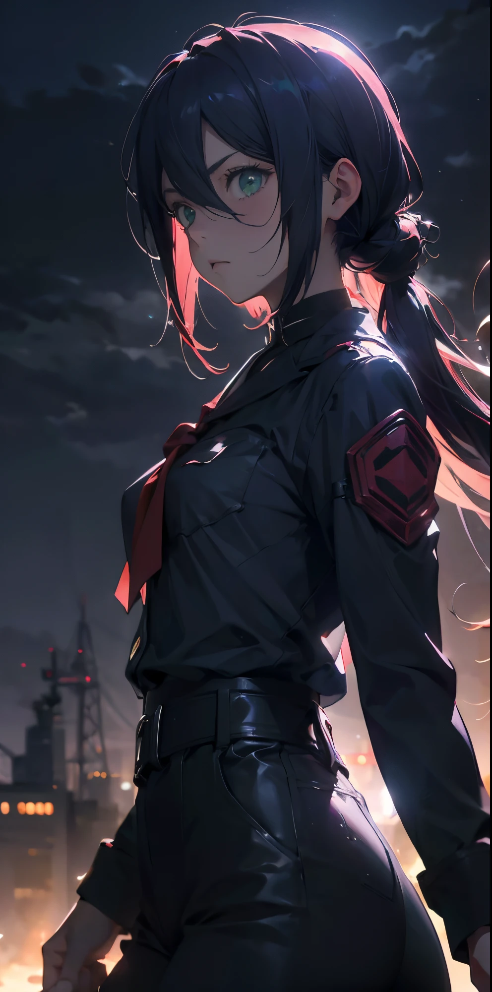 Gasai Yuno, cabello color rosado, sentada, Uniforme escolar, Adaptation of Sword Art online, Trazos rojos que simulan la velocidad del personaje, Modo de batalla, (ultrarrealista), {Fondo de pantalla extremadamente detallado de la unidad CG 8k}, Vastas fotos de paisajes, (A central vision that prioritizes the whole character, (Vista de campo abierto), (Low-angle shot), (destacar: 1.5), (baja iluminancia: 1.0), (warm light source: 1.0), detalles intrincados, (Colores iridiscentes: 1.5), (bright illumination), (Atmospheric Illumination), sword art online, Dreamy, anime