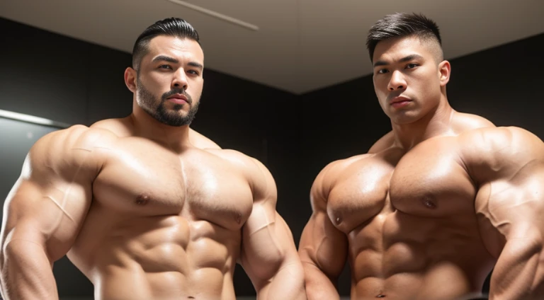(Very detailed 8k wallpaper), two asian men, muscle worship, arms folded, At the gym, high detailing, buzzcut, very large and strong body, bulging muscles, well-muscled, very large pectoral muscles. Very sexy abs, legs are muscular, Toned figure, lightens oily skin, muscular, Tank top, T-shirt, longshot, Wide Shot