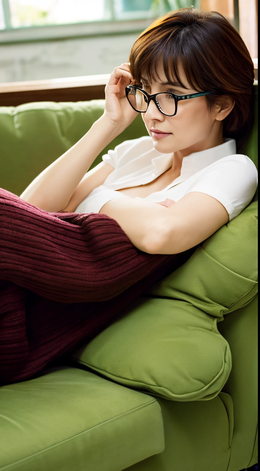 A 45-year-old woman wearing square tortoiseshell glasses、relaxing on the sofa indoors。Does not expose the skin