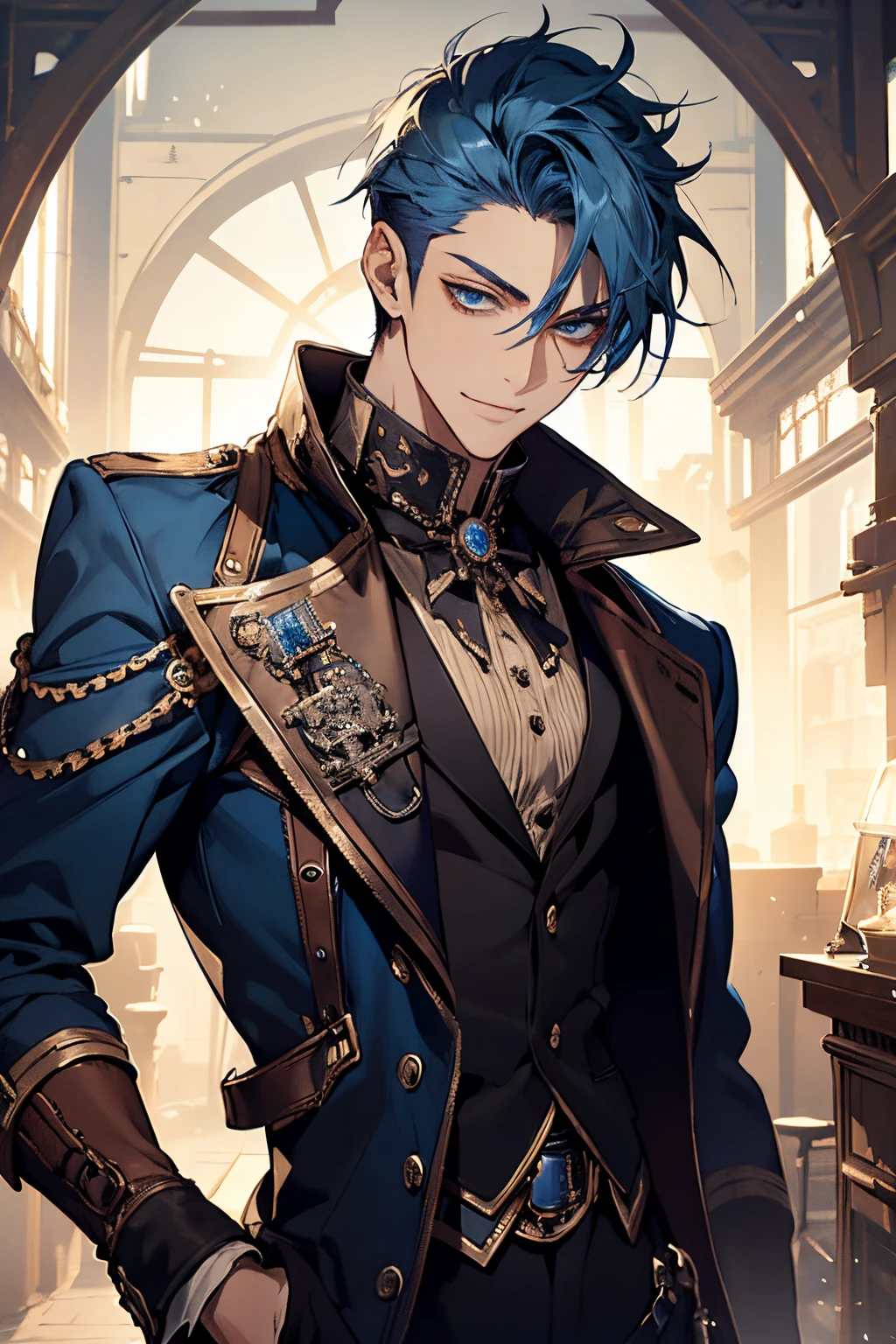 (masterpiece), best quality, male, adult, blue hair, short hair, blue eyes, sharp gaze, beautiful, handsome, looking at viewer, confident smile, medium full shot, steampunk, stylized
