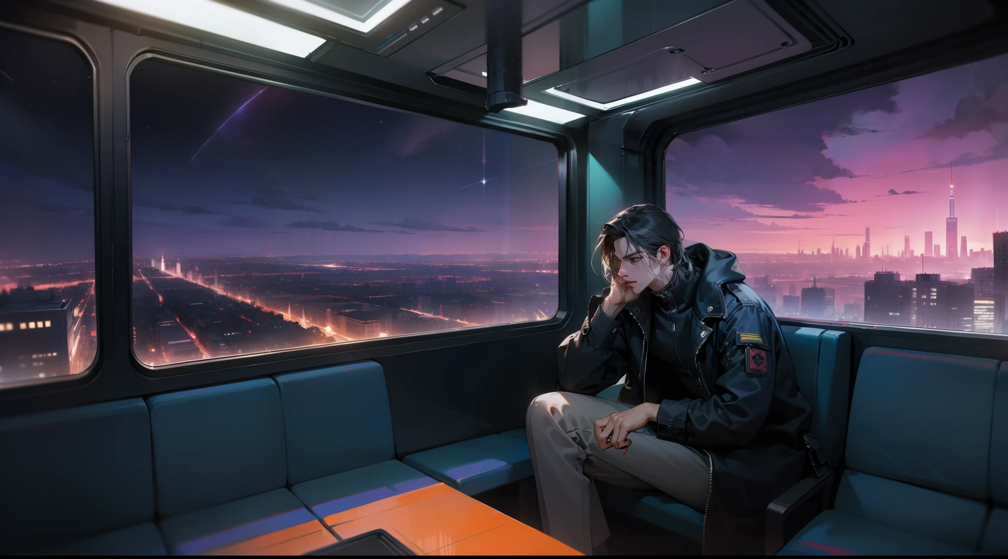 The Train of the Future, ciberpunk, beautiful night landscape of the cyberpunk city, high buildings, Sitting by the window, spacious train, handsome guy sitting alone, Pensive poses, Look at the sky, glued to glass, scenery, I'I'I'I'm running at high speed, Night trip, Beautiful dark sky, Handsome guy