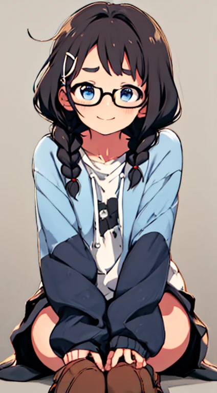 ​masterpiece, top-quality, One lady, Japan people in their 20s, A slight smil, Smiling smile, Feeling embarrassed, (A dark-haired, Short perm, Short Bob, Curly/curly hair, With bangs, Make two braids on the back of your hair, attach hairpins to bangs), (thick eyebrow, draw thick eyebrows), (drooing eyes, Blue eyes, Blue eyes), Small nose, Thicker lips, (rimless glasses, Small glasses, glasses for women), Wheat-toned skin, Outer is black jacket, The inner hoodie is orange, wearing blue jeans, wearing brown shoes, and draw the full body, Sitting pose with both knees raised, dynamic sitting pose, Bustling street, (Looking at the camera, Front of camera, Look at viewers, Front attitude, Turn your face to the viewer, whole body facing the viewer).