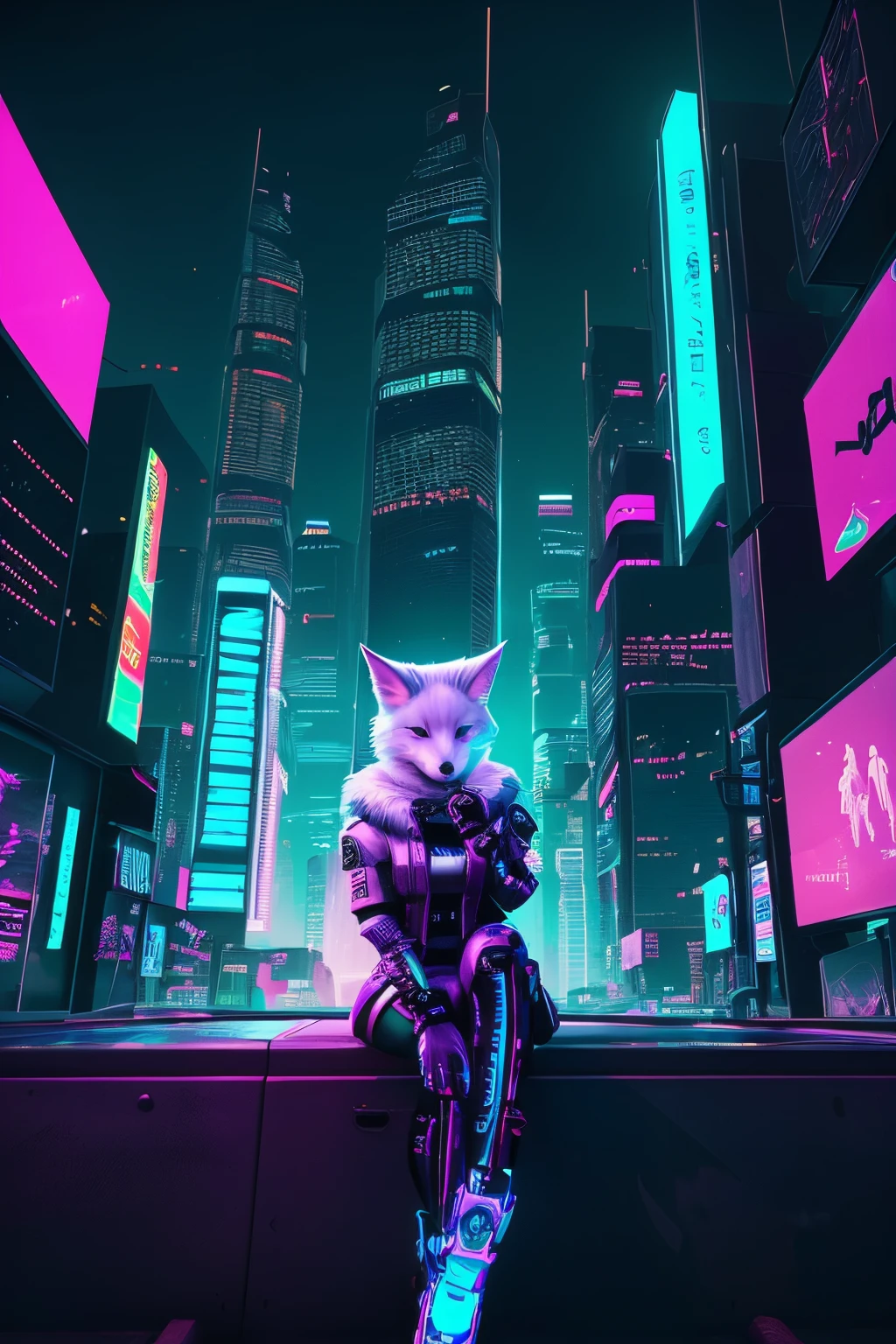 (bright, vibrant colors,cyberpunk style) A white fox girl is sitting at the edge of a detailed lit urban cyber city street environment. The girl has beautiful, detailed eyes and lips. She is wearing a futuristic outfit with a mix of traditional and modern elements. The girl's fur is pristine white, with shimmering highlights. The cyber city street is filled with neon lights, holographic billboards, and futuristic vehicles zooming by. The buildings are tall and sleek, with glass windows reflecting the colorful lights. The girl's expression is calm and mysterious, showing a hint of curiosity and wisdom. The color palette is dominated by vibrant neon colors, with a mix of blues, purples, pinks, and greens. The lighting is dynamic, with the city lights illuminating the girl's face, creating a dramatic and captivating scene. The overall image quality is of the best quality, with a high level of detail and realism.