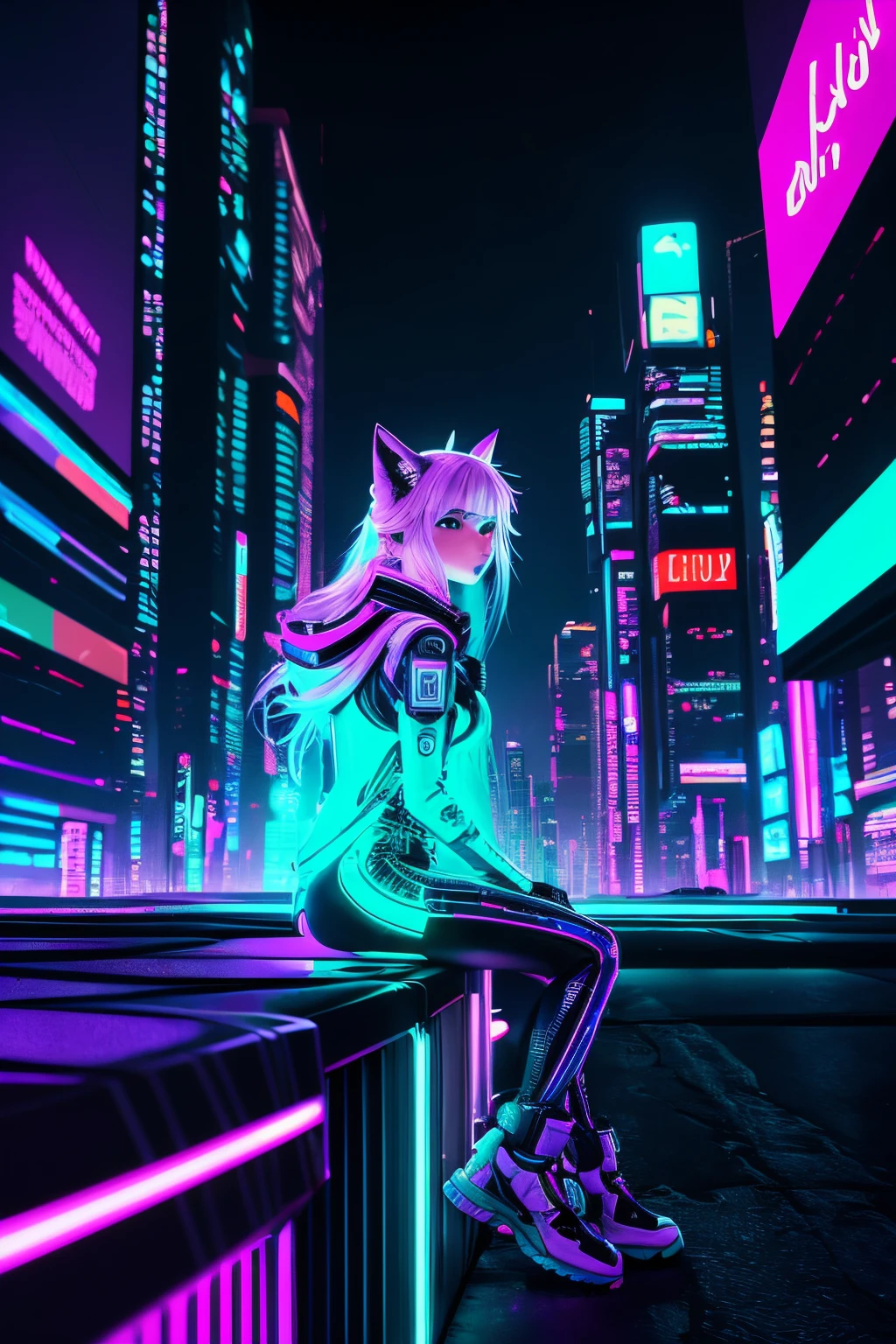 (bright, vibrant colors,cyberpunk style) A white fox girl is sitting at the edge of a detailed lit urban cyber city street environment. The girl has beautiful, detailed eyes and lips. She is wearing a futuristic outfit with a mix of traditional and modern elements. The girl's fur is pristine white, with shimmering highlights. The cyber city street is filled with neon lights, holographic billboards, and futuristic vehicles zooming by. The buildings are tall and sleek, with glass windows reflecting the colorful lights. The girl's expression is calm and mysterious, showing a hint of curiosity and wisdom. The color palette is dominated by vibrant neon colors, with a mix of blues, purples, pinks, and greens. The lighting is dynamic, with the city lights illuminating the girl's face, creating a dramatic and captivating scene. The overall image quality is of the best quality, with a high level of detail and realism.