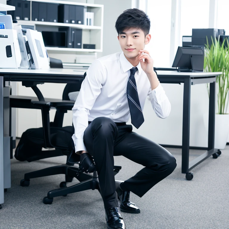 Asian male, 20 years old, handsome, white, wearing a shirt, black pants, black leather shoes., office boy, Random pose,professional photo