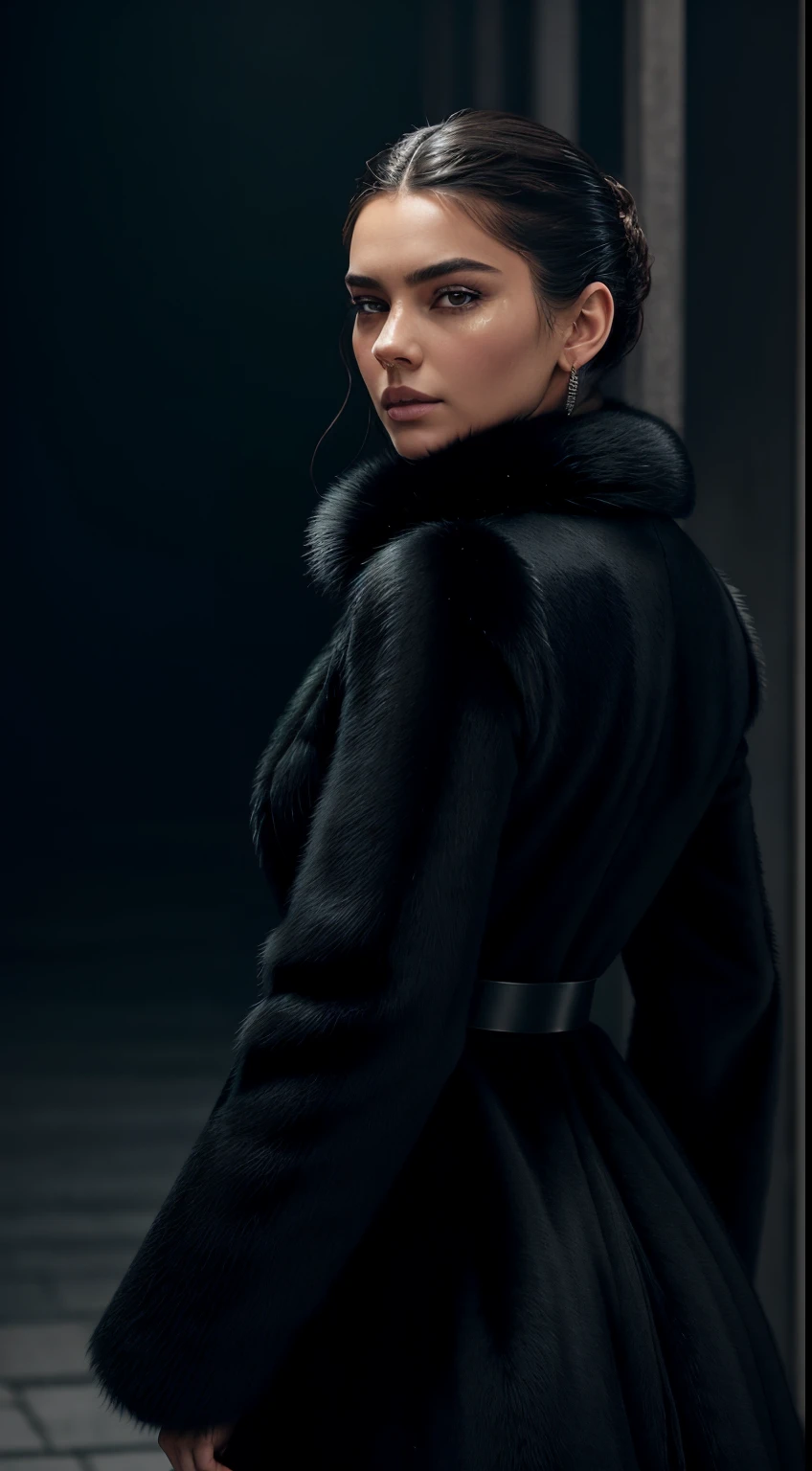 A stunning intricate full color body outfit of (sks woman:1), wearing a fur coatwith black dress, epic character composition, by ilya kuvshinov, alessio albi, nina masic, sharp focus, natural lighting, subsurface scattering, f2, 35mm, film grain, posses at istanbul turkey