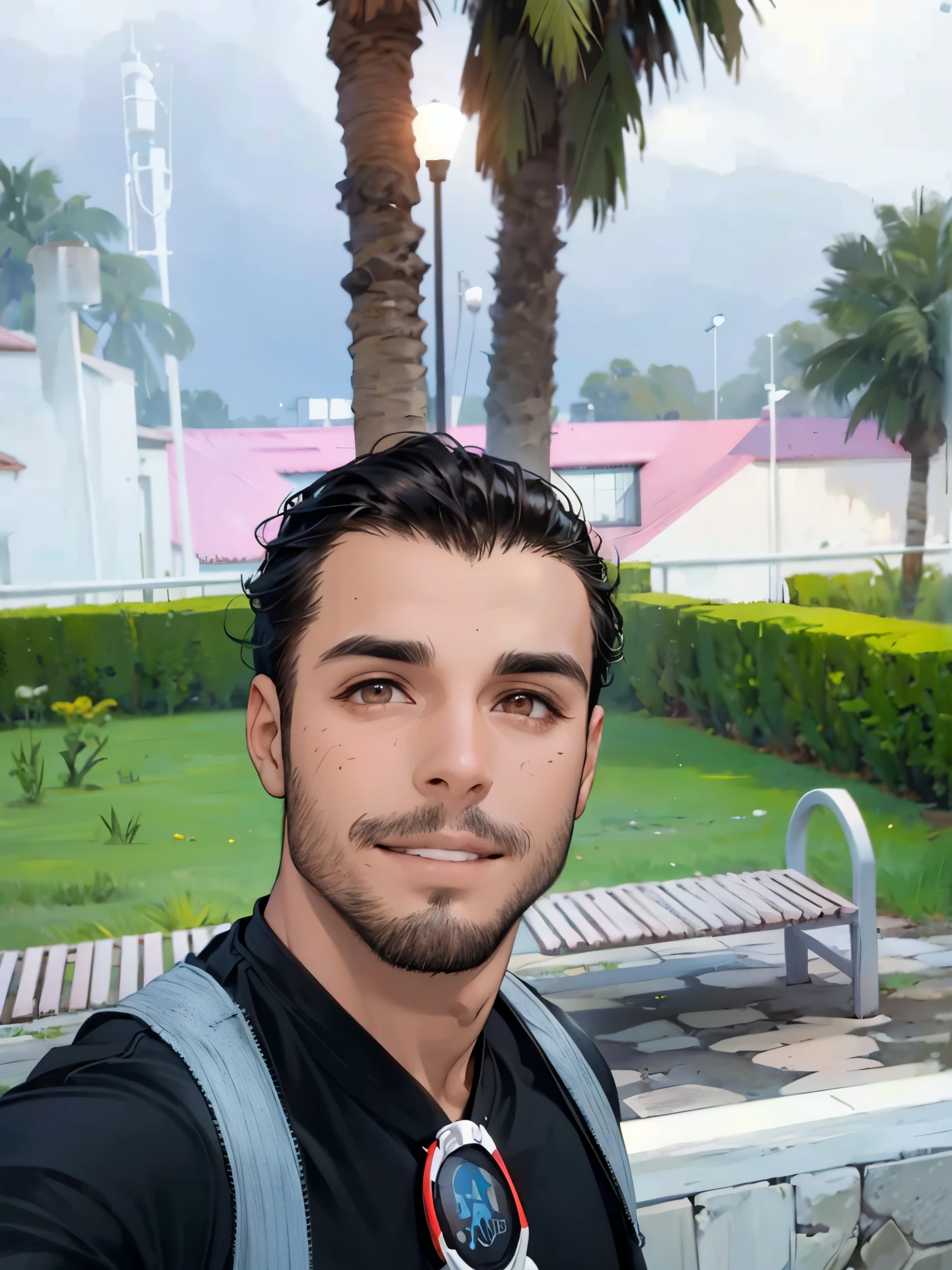 Hombre con cabello negro, sin camisa, sin playera, brazos grandes, pelo en pecho , ojos negros, short rojo, playa mar, sonriendo, desnudo
