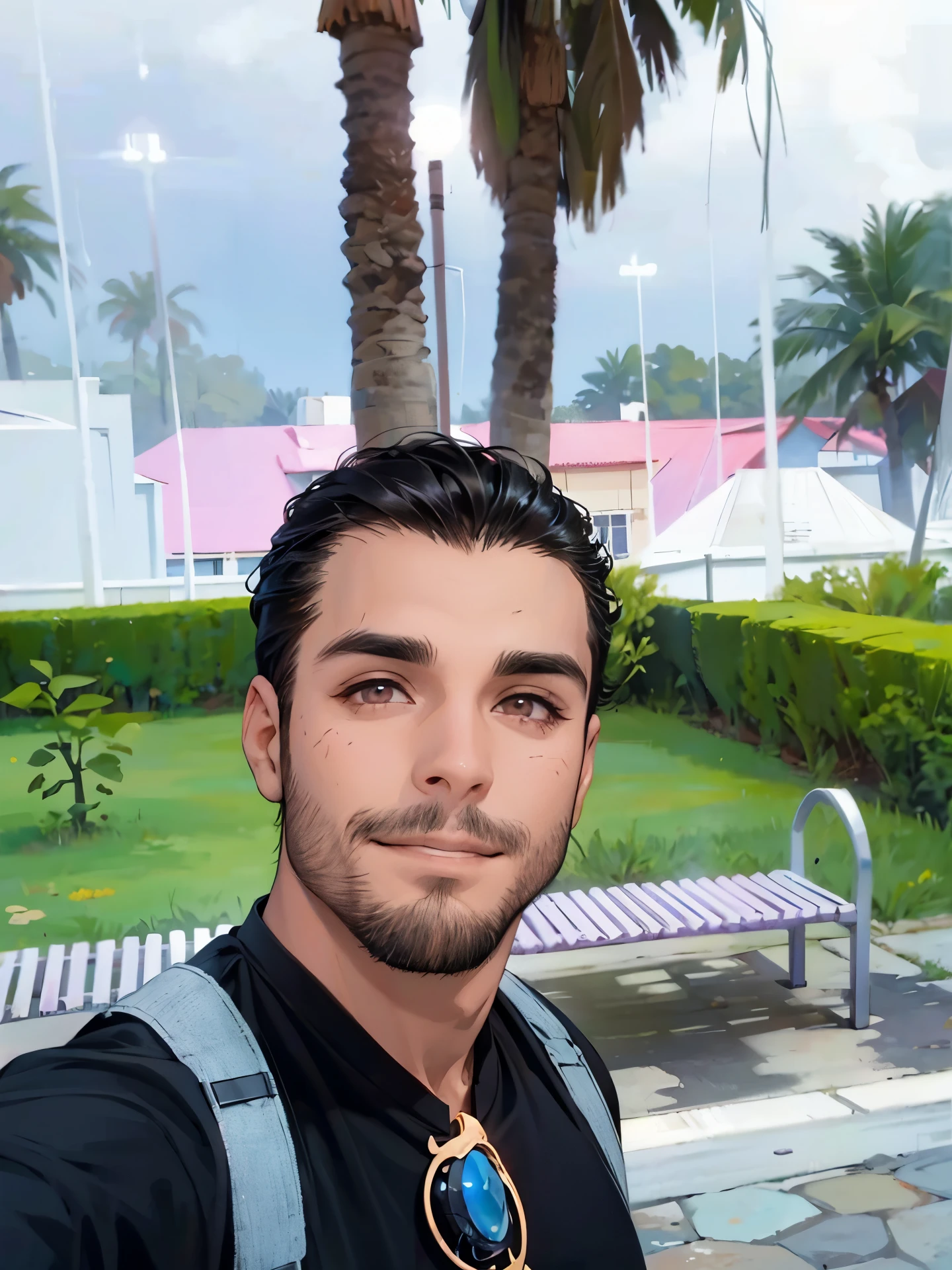 Hombre con cabello negro, sin camisa, sin playera, brazos grandes, pelo en pecho , ojos negros, short rojo, playa mar, sonriendo, desnudo