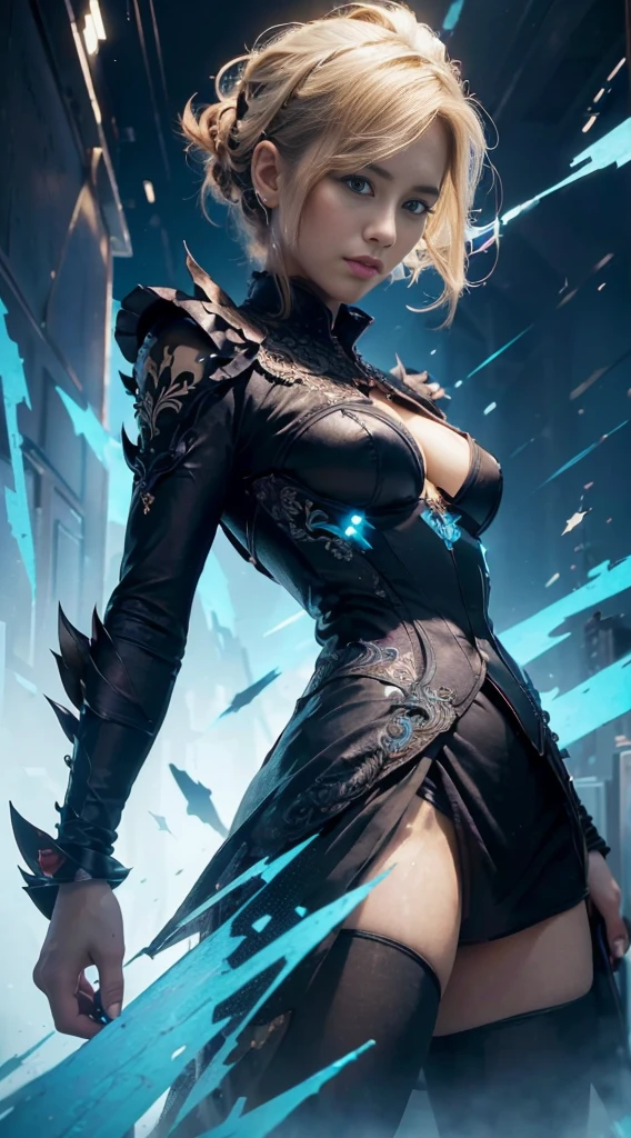 digital analysis, anime style, woman, elemental mage engulfed in blue flames and yellow lightning, color chaos, gold and ice tones, depth of field, beautiful, highly detailed, surreal, cinematic lighting, clear, spatial background, cinematic lighting soft, (backlight: 1.2), (blossom: 1.2), (brightness: 1.1), (chromatic aberration: 1.2), sharp focus, high contrast , masterpiece, realistic, dynamic pose.