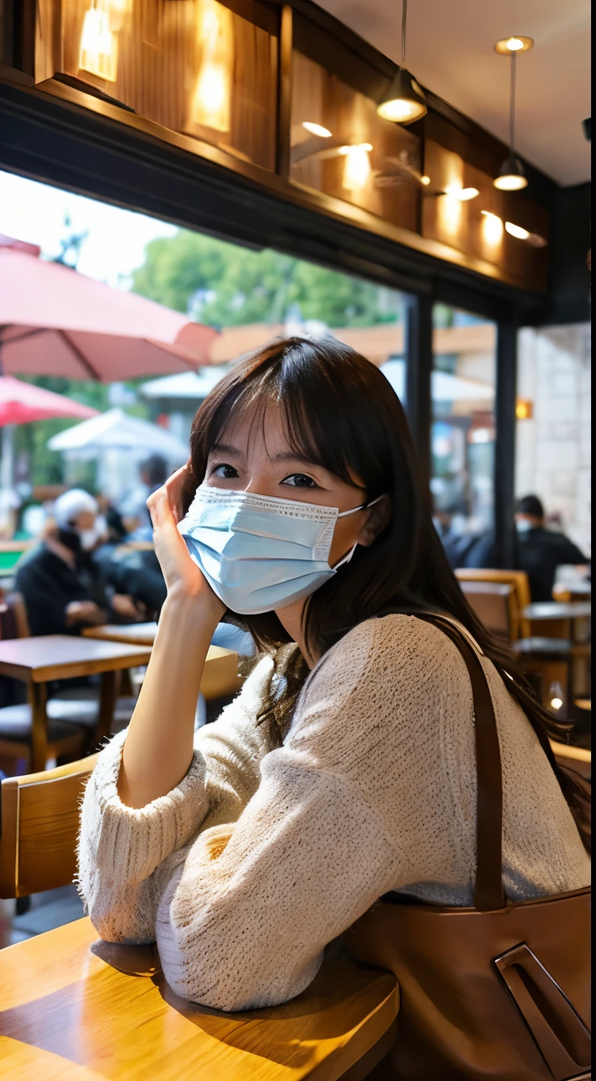 A 45-year-old woman wearing a mask、Relaxing inside the cafe
