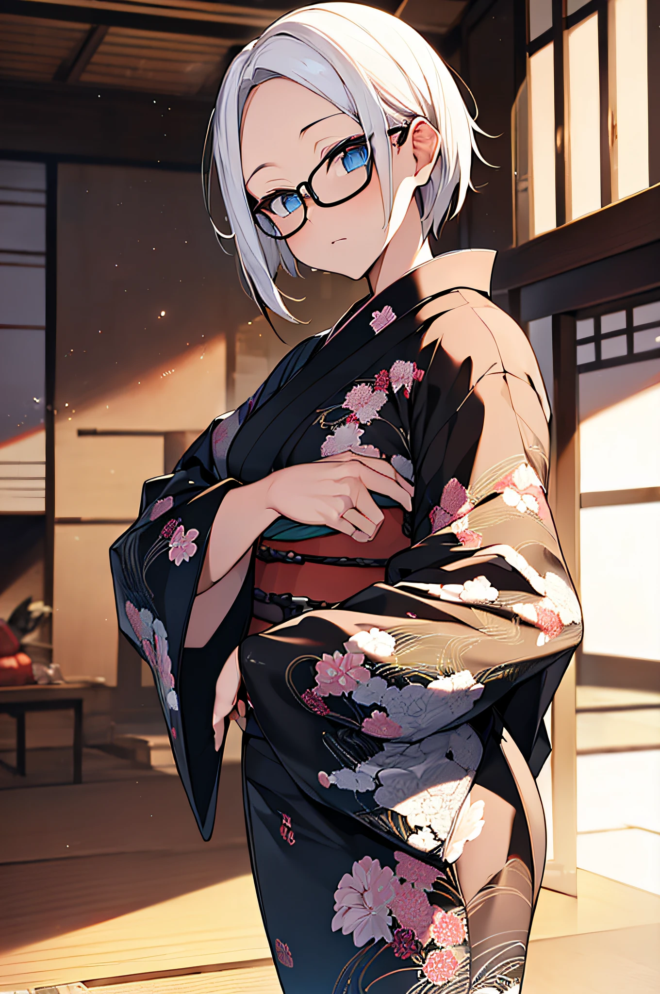 masutepiece,Best Quality,((Forehead)),(((Very small breasts))),40 years,1lady,Solo,Fashionable glasses,((White hair)),((Very Shorthair)),((blue eyess)),very slender figure,(slightly plump thighs),Neat and clean kimono、((black kimono and yukata))