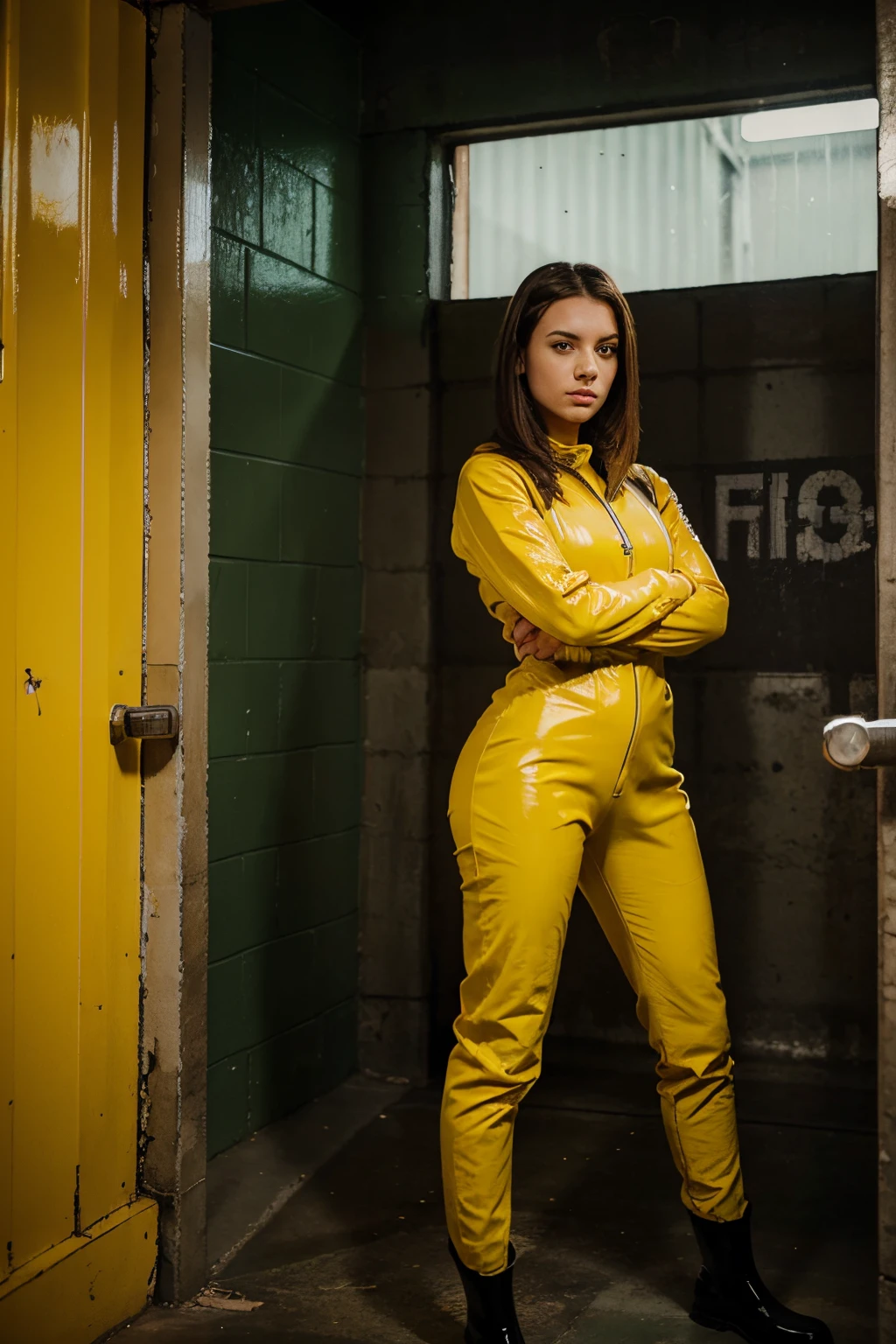 a girl in jail, with her arms crossed wearing a leather straitjacket, yellow prison jumpsuit and green Hunter rubber boots