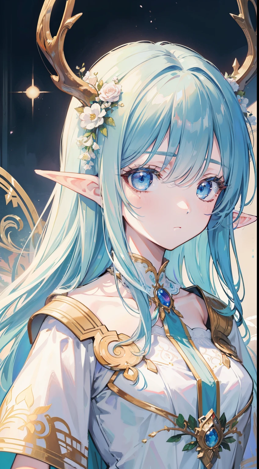 high quality, masterpiece, Delicate facial features, Delicate hair, Delicate eyes, Delicate hair, anime girl, deer antlers color hair, florals, Dreamy style, Fantastic flower garden, fantasy style clothing, Romantic dress, beautiful and elegant elf queen, Fantasy art style, Anime fantasy illustration, fey queen of the summer forest, anime art nouveau, goddess of the forest, portrait of an elf queen, A beautiful artwork illustration,8K high quality detailed art(Delicate facial portrayal)(Fine hair depiction)(highest quality)(masterpiece) 8k wallpaper,masterpiece, Best quality at best, ultra - detailed