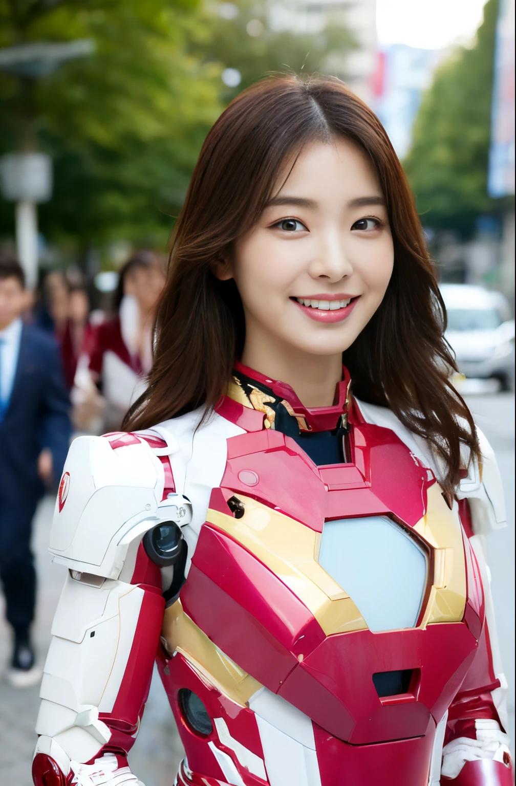 ((top-quality、8K、​masterpiece:1.3))、dynamicposes、(Wearing a pink and white Iron Man suit:1.3)、foco nítido:1.2、Beautiful woman with perfect body shape:1.4、Slim abs:1.2、(Layered Hair Style:1.2))、(校服:1.3)、Sateen:1.3、Street:1.2、wetbody:1.4、Highly detailed facial and skin texture、A detailed eye、二重まぶた、Colossal tits、A smile、