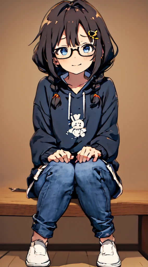 masterpiece, top-quality, One lady, Japan people in their 20s, A slight smil, Smiling smile, Feeling embarrassed, (A dark-haired, Short perm, Short Bob, Curly/curly hair, With bangs, Make two braids on the back of your hair, attach hairpins to bangs), (thick eyebrow, draw thick eyebrows), (drooing eyes, Blue eyes, Blue eyes), Small nose, Thicker lips, (rimless glasses, Small glasses, glasses for women), Wheat-toned skin, Outer is black jacket, The inner hoodie is orange, wearing blue jeans, wearing brown shoes, and draw the full body, Sitting pose with both knees raised, dynamic sitting pose, Sitting on a chair in a café, (Looking at the camera, Front of camera, Look at viewers, Front attitude, Turn your face to the viewer, whole body facing the viewer).