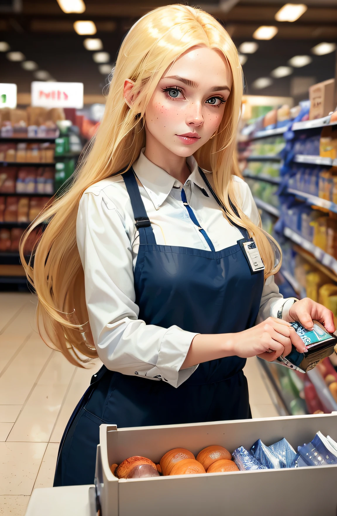 Beautiful woman, (((cabelos loiros longos))), cabelos longos, (((olho azul))), (((caixa de supermercado))), ((Sardas))