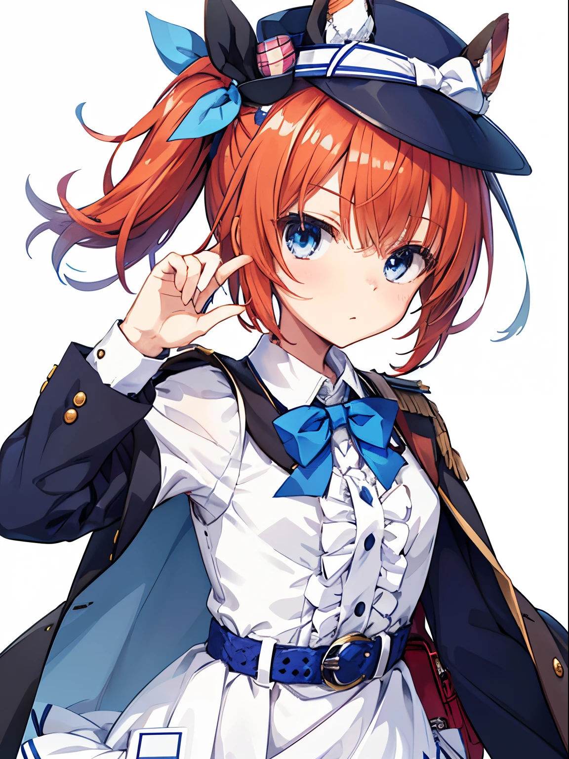 masutepiece, Best Quality, Mattikanetan Hauser \(Umamusume\), Upper body, cabbie hat, blue headwear, blue bowtie, Cape, White shirt, Collared shirt, shoulder cut out, puffy long sleeves, Center frills, corsets, Belt Pouch, Belt bag
