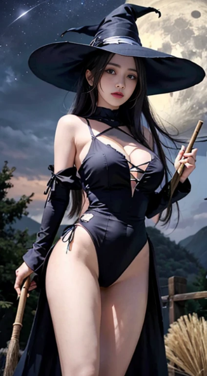 masutepiece, 1girl in, Sexy, Long hair, Huge breasts, Witch Hat, highleg leotard, Bare legs, Bare shoulders, cleavage, broom, Moon, dark sky