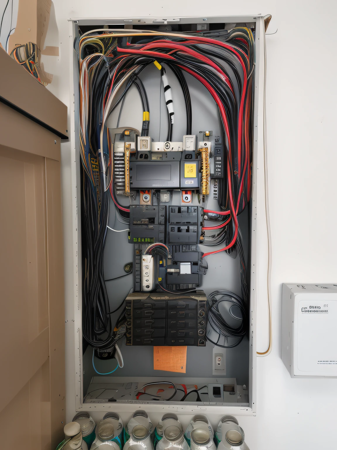 a close up of a box with a bunch of wires and a bunch of cans, centered in panel, electrical, electrical details, connected trough wired, wires in background, electrical wiring!, electric, electrical case display, exposed wiring and gears, intricate wiring, electrical arcs, wiring, exposed wires, photo taken in 2018, with cables and wires coming out