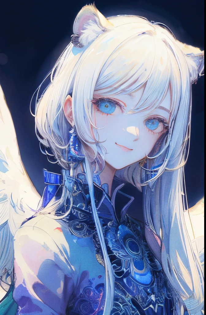 masterpiece: 1.7, top-quality、(Highly detailed CG、ultra-detailliert、Best Shadow:1.1)、独奏、The upper part of the body、Painterly、sketch、 Texture、超A high resolution、extra detailed face、Detailed face of tiger in flat color、realisitic、limited blue contrast、angelicales、angelicales、Messenger of God、a matural female、The best lighting、Beautuful Women、White hair、a little bit smile、blanche:1.6、(Zentangle、a Mandala、Tangle、Entangle:1)