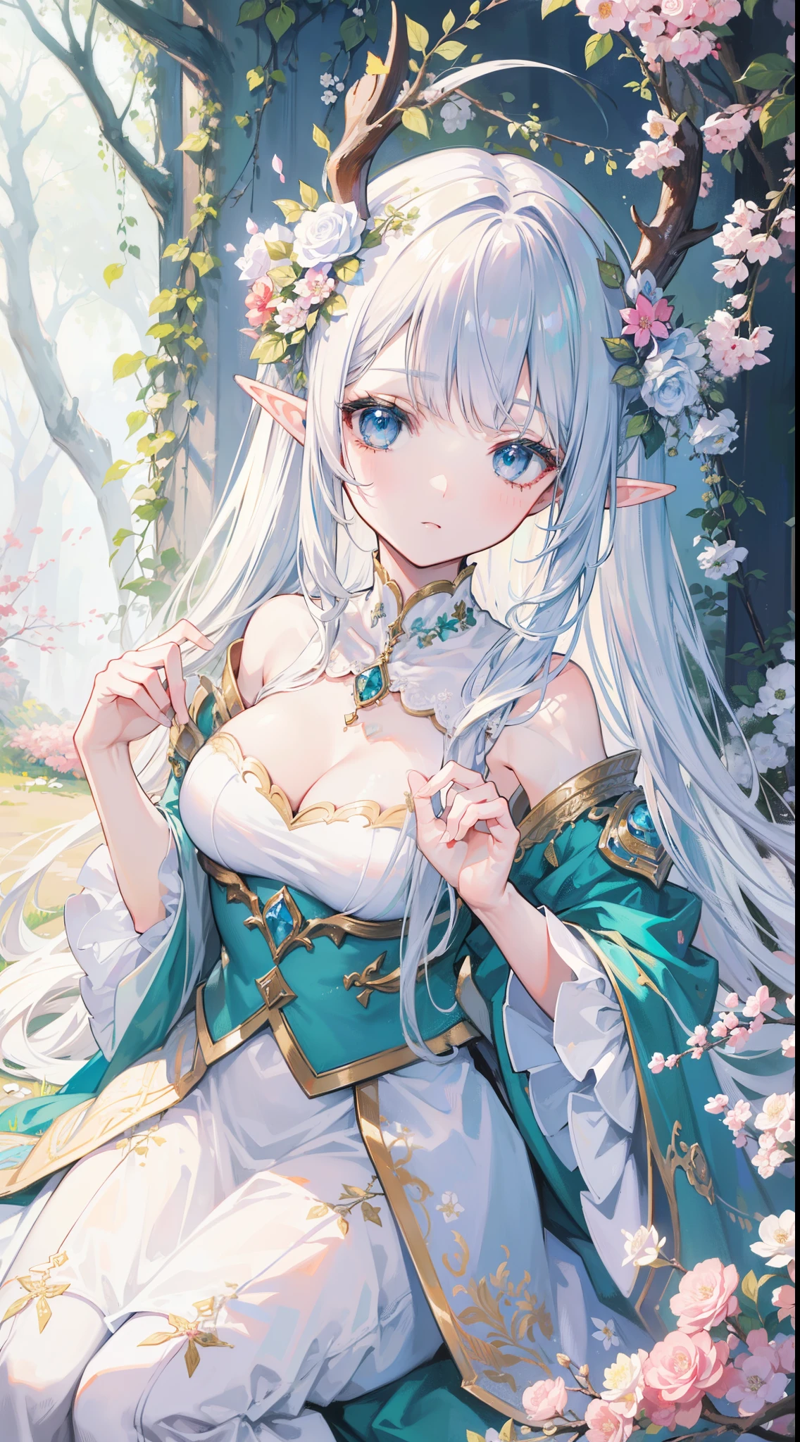 high quality, masterpiece, Delicate facial features, Delicate hair, Delicate eyes, Delicate hair, anime girl, deer antlers color hair, florals, Dreamy style, Fantastic flower garden, fantasy style clothing, Romantic dress,  beautiful and elegant elf queen, Fantasy art style, Anime fantasy illustration, fey queen of the summer forest, anime art nouveau, goddess of the forest, portrait of an elf queen, A beautiful artwork illustration，8K high quality detailed art（Delicate facial portrayal）（Fine hair depiction）（highest  quality）（masterpiece) 8k wallpaper，masterpiece, Best quality at best, ultra - detailed