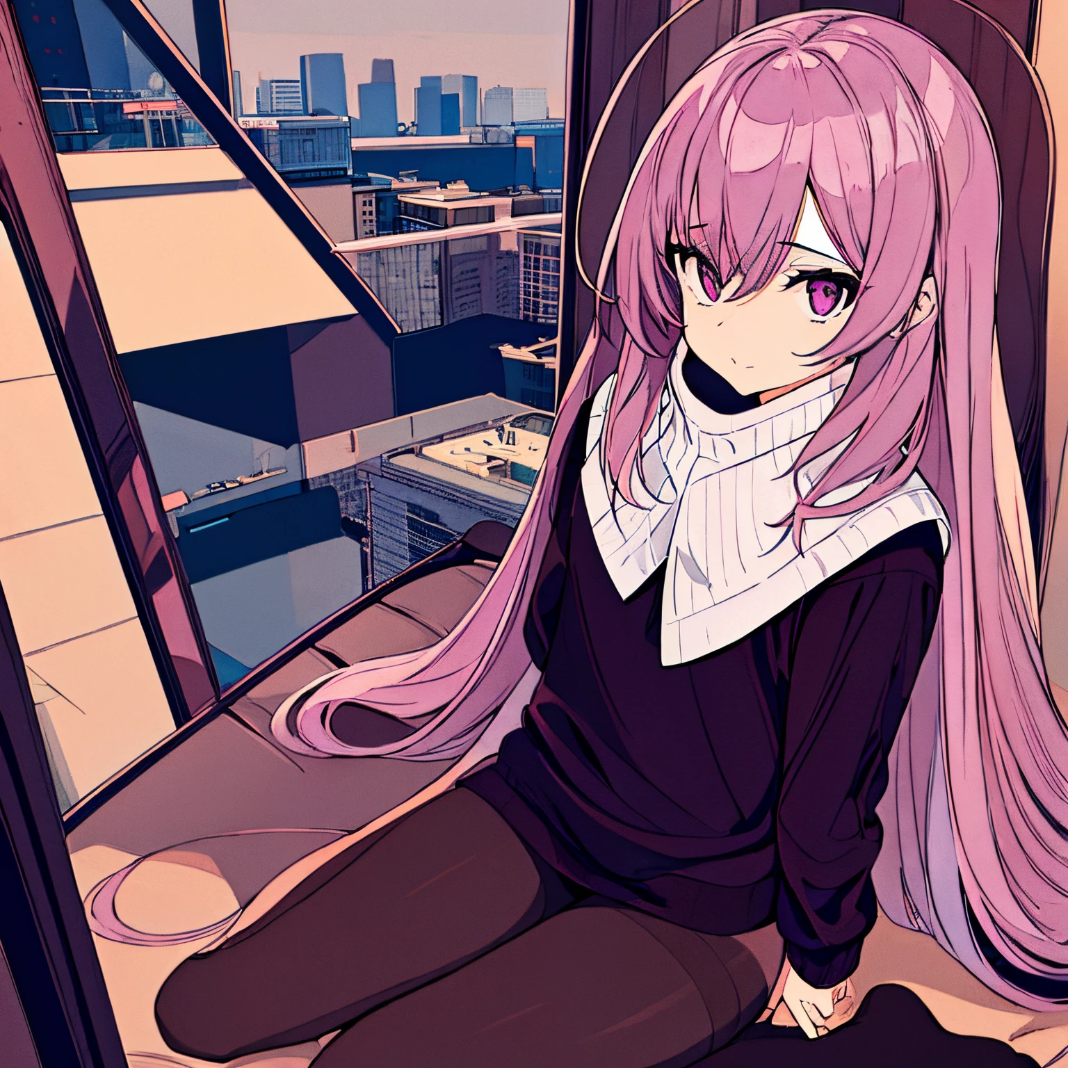 1girl, mauve hair, long hair, silver eyes, short, small, wearing virgin-killer sweater, wearing Pantyhose glossy stockings, looking at views, sit on the floor,