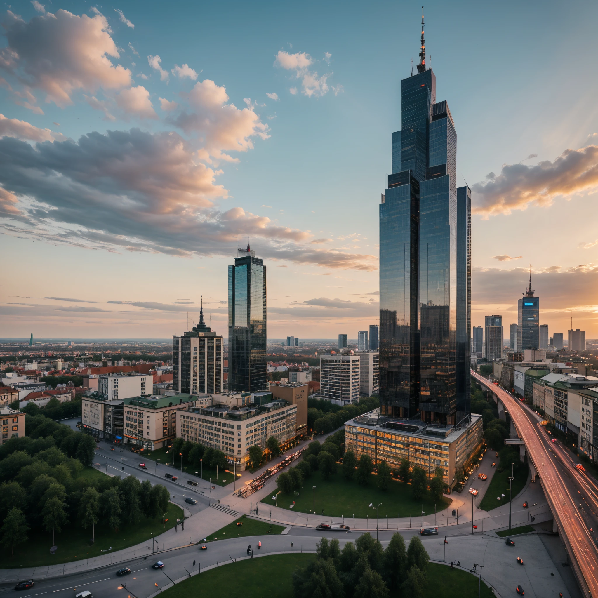 Poland Warszawa skyscraper and parks life in the near future, high technology, street view, next to a park, people and cars on the road, sunset, pro, 35 mm, realism, ultra HD result, 4k, very detailed
