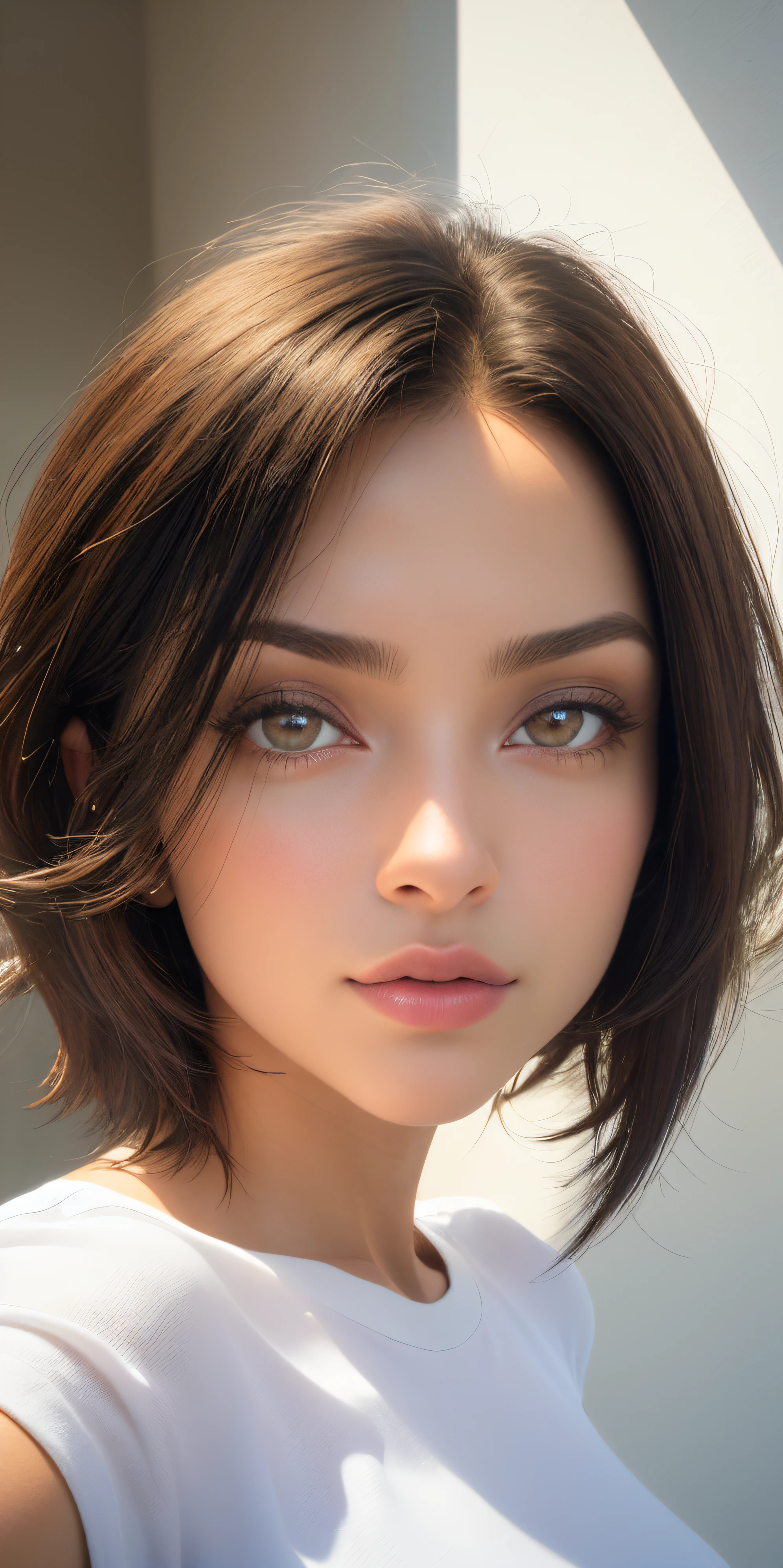 (fotorrealista: 1.4), (obra-prima, side-lighting, belos olhos finamente detalhados: 1.2), obra-prima*retrato, magra, 30 anos de idade,rosto realista, rosto 3d, olhos brilhantes, cabelo volumoso cacheado ruivo brilhante, pele lustrosa, solo, envergonhado, Drastic lighting, jeans and black t-shirt