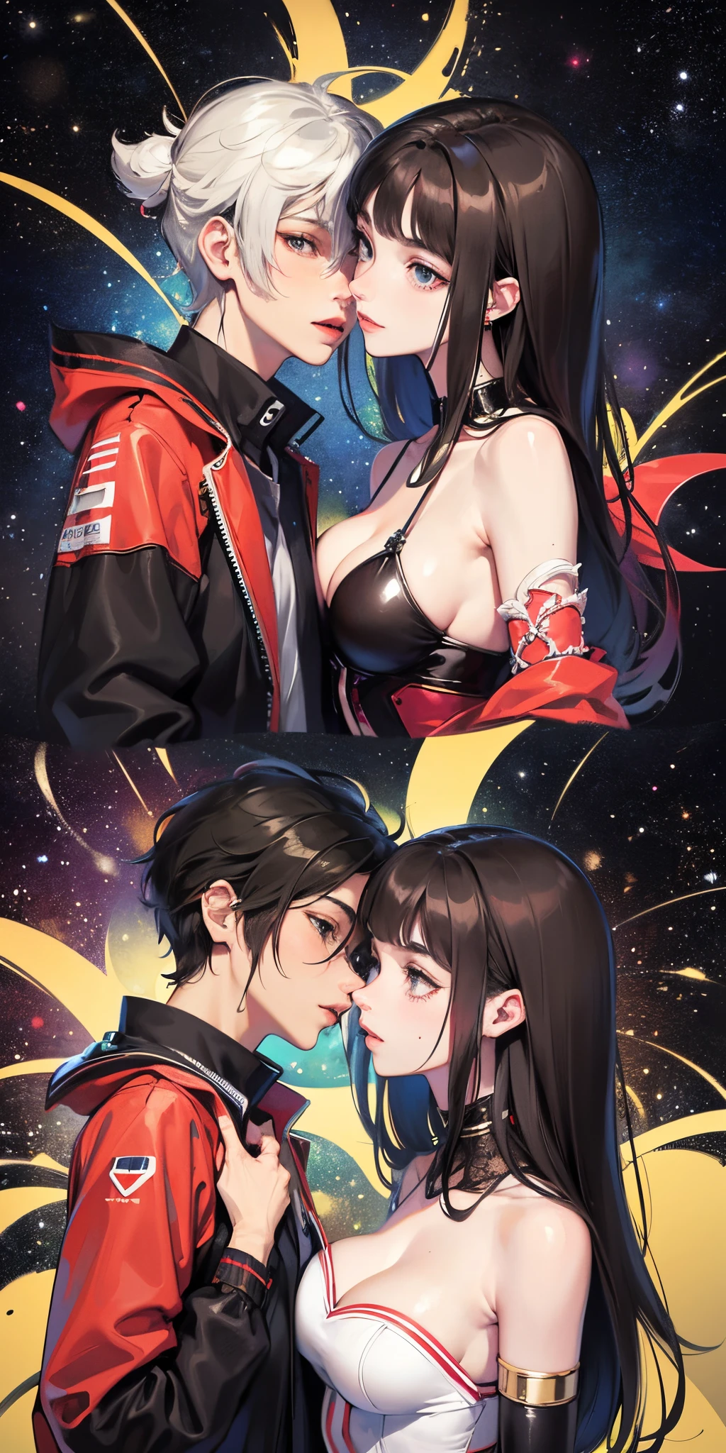 Boy & Girl , anime , realistic , Both Black Hair , Hands Intertwined , galaxy,stars background --auto --s2