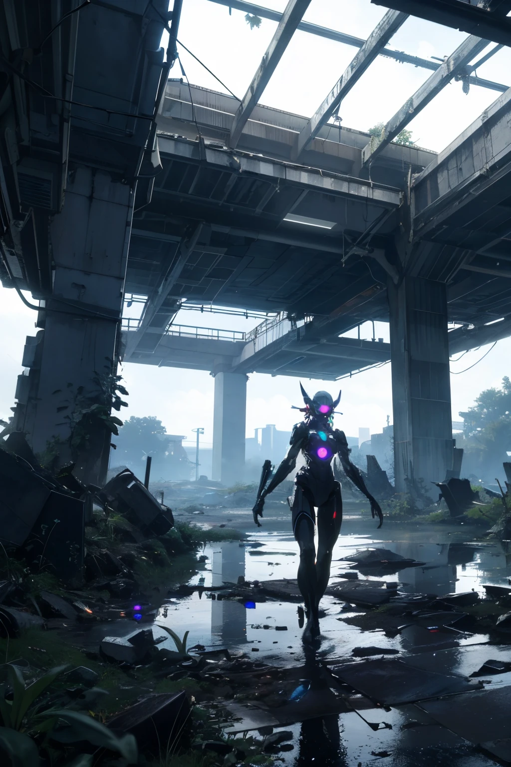 absurderes,A high resolution,Reflectors,refractions:1.4,super-fine:1.4,(真实感:1.4,超A high resolution,RAW photoREAK(cyber punk perssonage:1.3),droid,robot-girl,silber hair,Beautiful face and cool expression,In the dark decaying ruins,(ultra-wide-angle:1.2),Shoot BREAK from below((neonlight,Vibrant glow,Dynamic colors,Vivid Contrast,Future vibe,electric energy,shiny reflective surfaces))