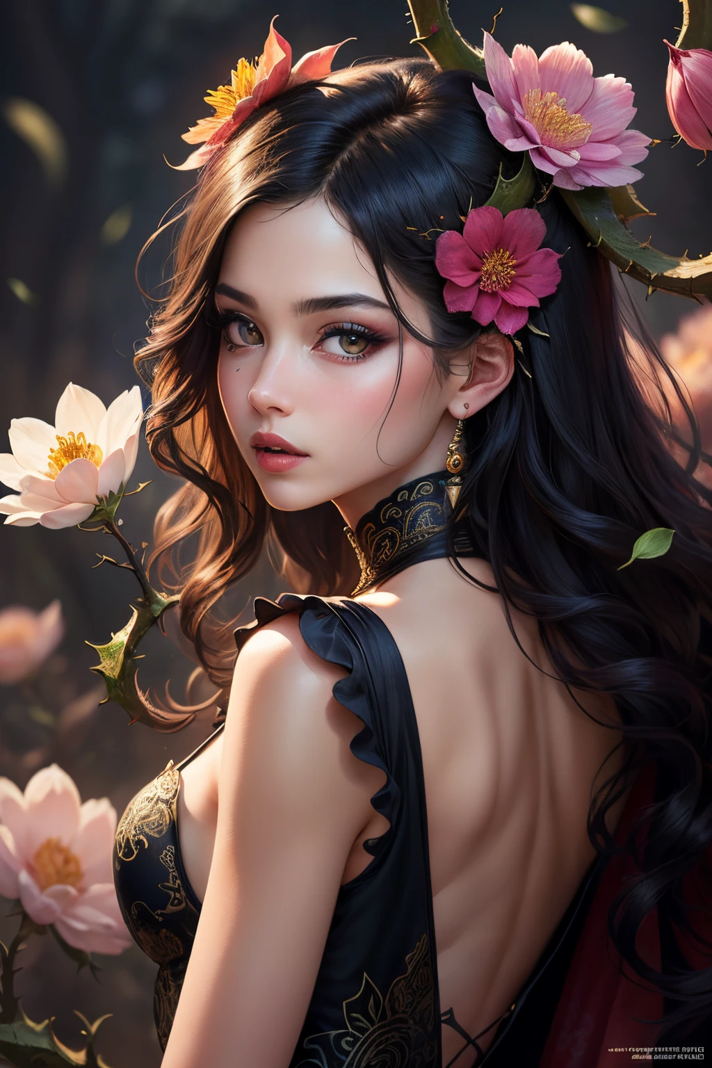 high details, best quality, 16k, RAW, [best detailed], masterpiece, best quality, (extremely detailed), full body, ultra wide shot, photorealistic, dark fantasy art, goth art, RPG art, D&D art, a picture of a dark female fairy showing flowers in a florist shop, extremely beautifil fairy, ultra feminine (intense details, Masterpiece, best quality), best detailed face (intense details, Masterpiece, best quality), having wide butterfly wings, spread buterfly wings (intense details, Masterpiece, best quality), dark colors wings (intense details, Masterpiece, best quality), black hair, long hair, shinning hair, flowing hair, shy smile, innocent smile, blue eyes, dark red lips, wearing [red] dress (intense details, Masterpiece, best quality),, dynamic elegant shirt, chocker, wearing high heels, in flower shop (intense details, Masterpiece, best quality), [extreme many flowers] (intense details, Masterpiece, best quality), dark colorful flowers (intense details, Masterpiece, best quality), flower shop in a dark goth era street background, High Detail, Ultra High Quality, High Resolution, 16K Resolution, Ultra HD Pictures, 3D rendering Ultra Realistic, Clear Details, Realistic Detail, Ultra High Definition