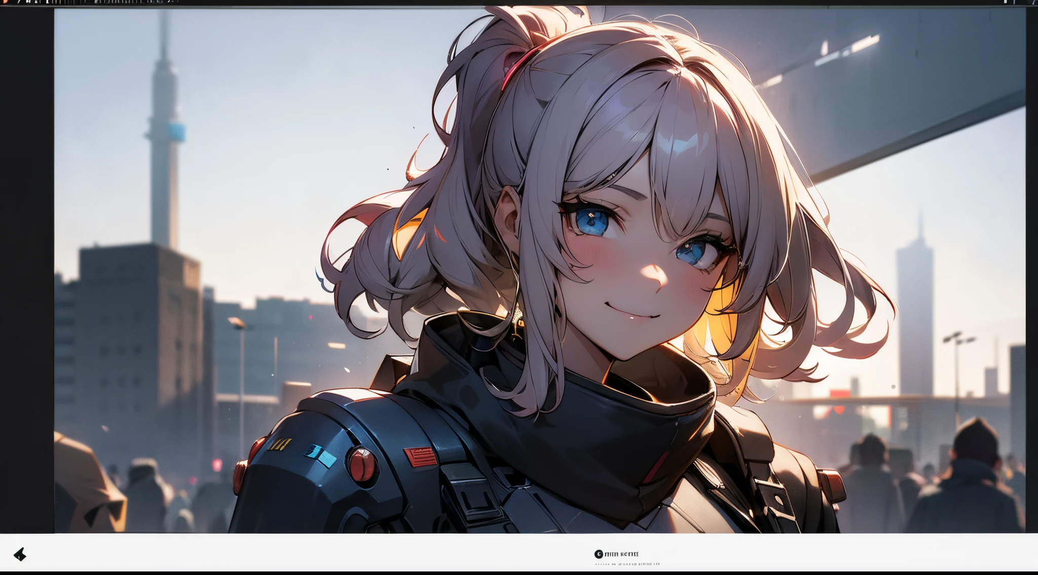 ((masutepiece)), ultra-quality, curly high ponytail girl, Gray hair, Cyberpunk style, blowing bubble candy, dressed in cyberpunk street style clothing. The whole painting is full of science and technology culture, the face is grim, exuding a glacier-like aura, petite figure, Smile, Dynamic Posture, golden section, lens highlights focus, Large aperture, side light effect, White background, clear details, Bright tones, very impactful picture, clear brush, Half body, full of details, Vivid eyes, Chasing light and shadow
