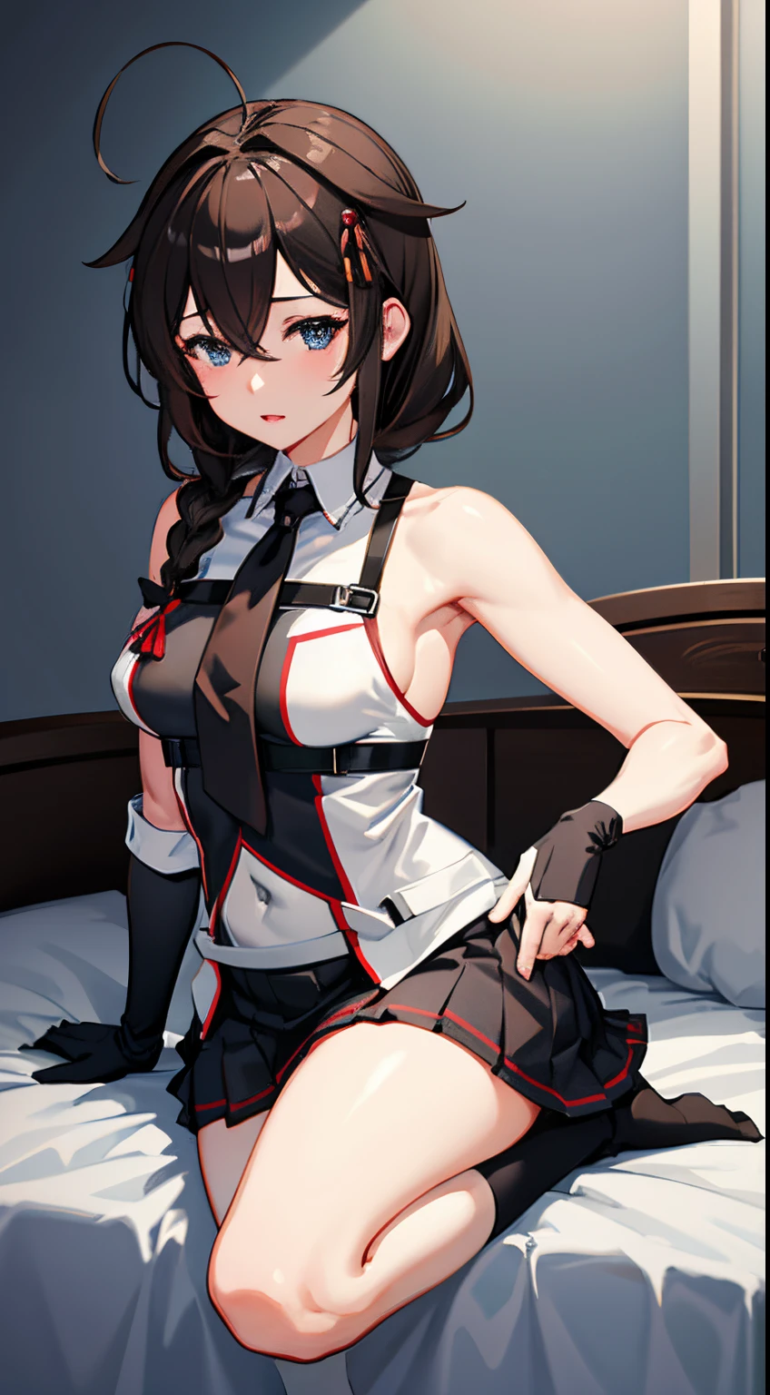 Shigure Kai 3 KanColle Sleeveless Black Thimble Gloves Black Skirt Braid 8K High Resolution Very Fine Eyes Very Fine Face、Insanely detailed body、Extremely fine skin, very elaborate hair ornament, Precisely sculpted body and hand 1 person hotel room