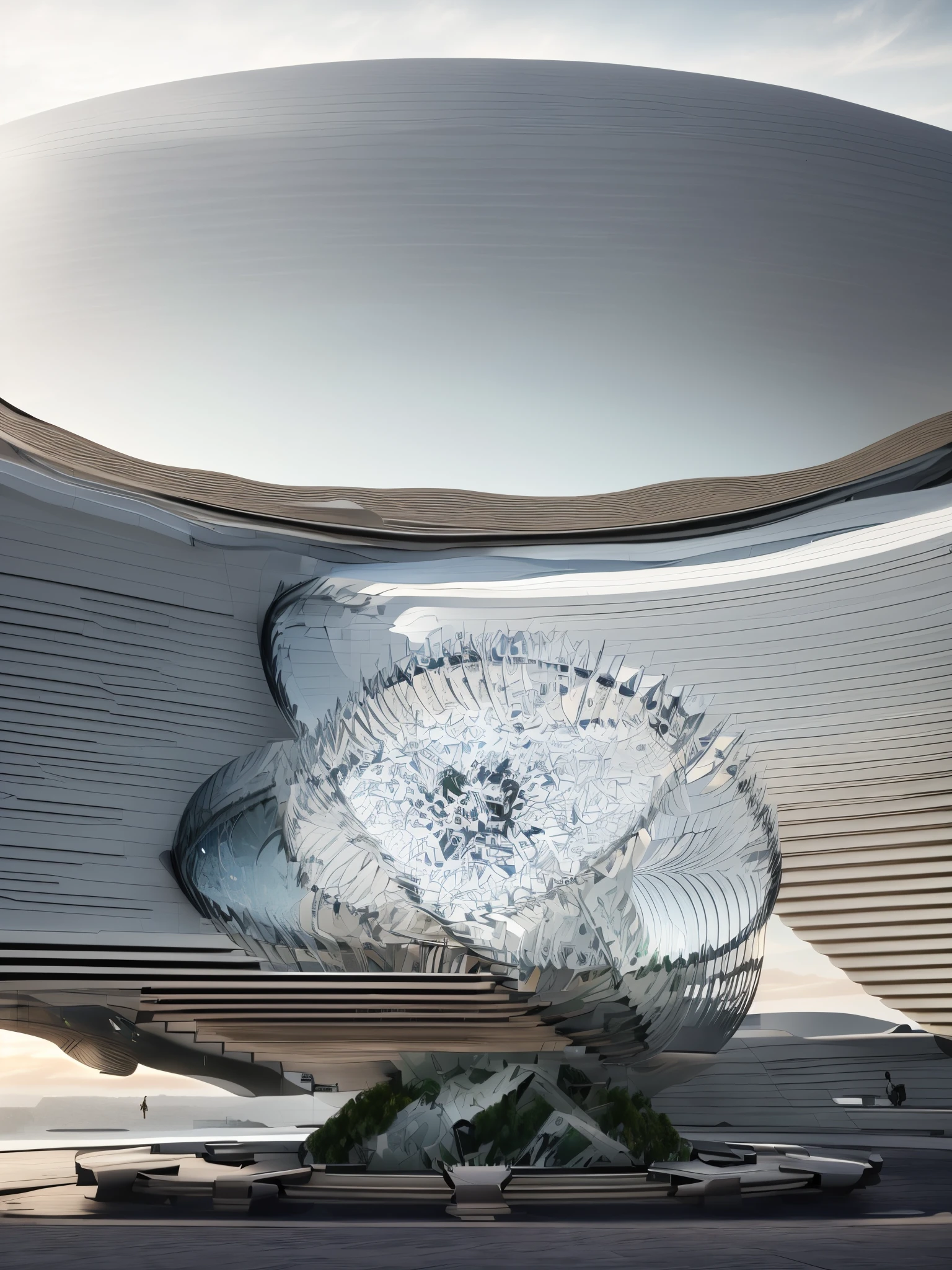 Glass sculpture with a flower on the table, Zaha Hadid Octane High Rendering, zaha hadid, Cha Shibiao, Inspired by Cha Shibiao, parametric structure, Ethereal Holographic Center, futuristic architecture concept, parametric architecture, glass spaceship, parametric design, futuristic architectural art,bright daytime,Wide field of view,best qualtiy,super detailing,4k,Ultra-high-definition photorealistic photos,starrysky,a sense of atmosphere