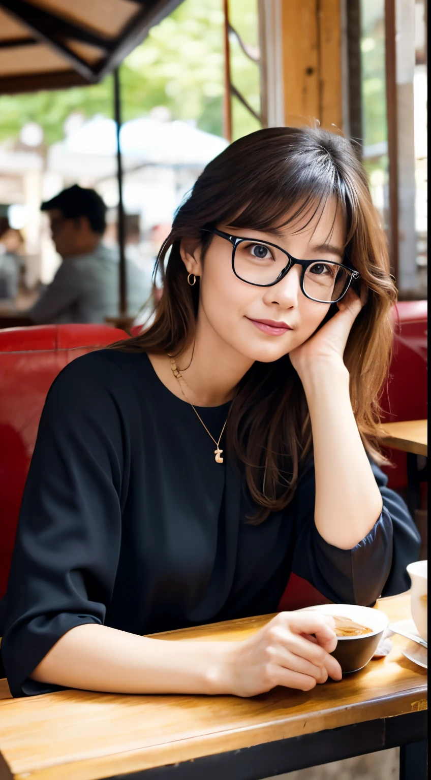 40 year old woman、wears glasses、Relaxing at a cafe、top-quality、realisitic