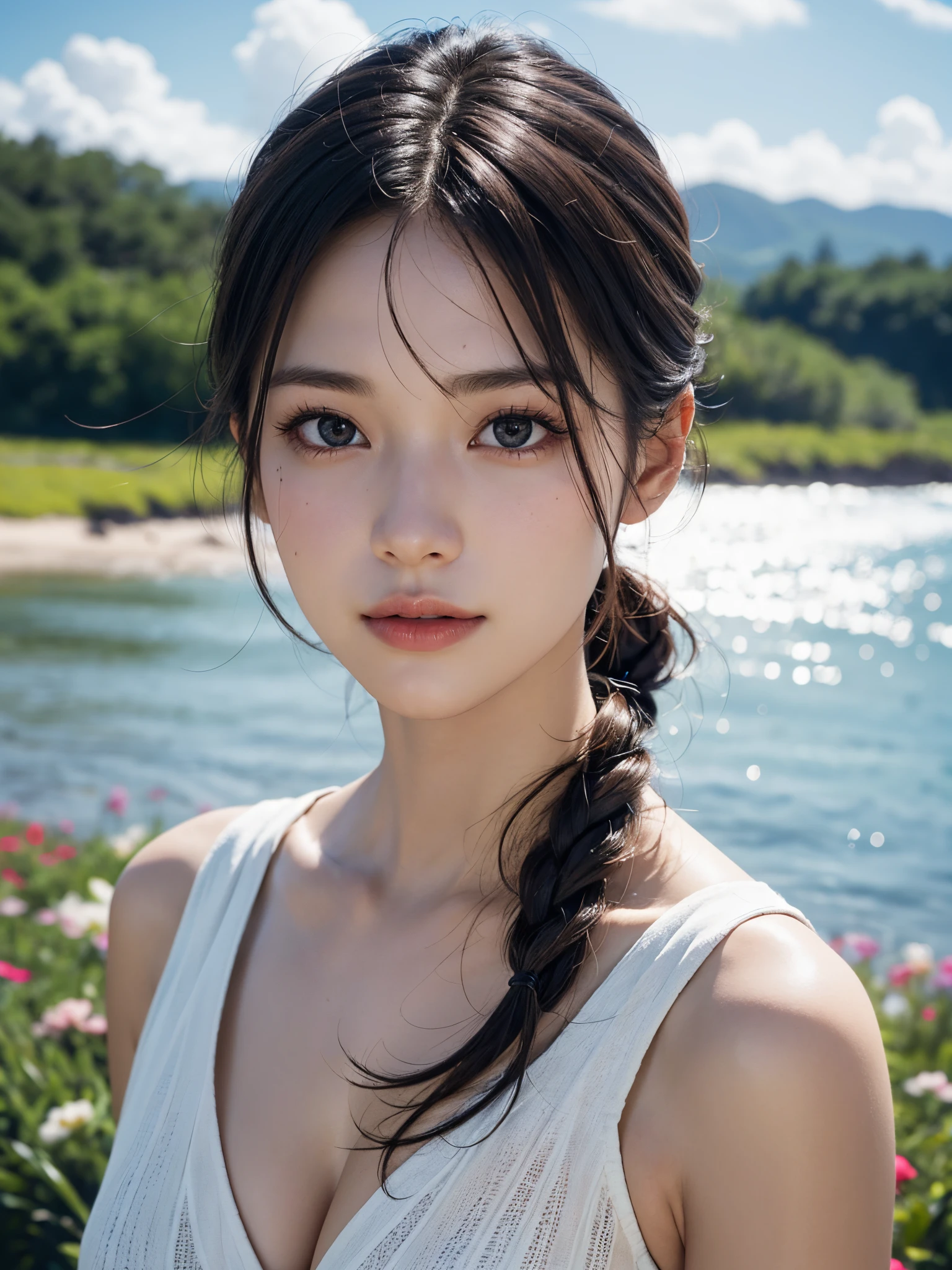 ((pure beauty:0.8, ultra-realistic:1.2)), caucasian flesh:1.2, bright eyes:1.1), light contrast and hue:1.1, high surface:1.1, image quality:ultra hd:1, portrait, high nose bridge, dynamic angle, clouds and sea, field of flowers in the foreground, light tracking, lifelike, informal art, unity 8k, masterpiece,best quality, gleaming skin, cinmatic lighting,