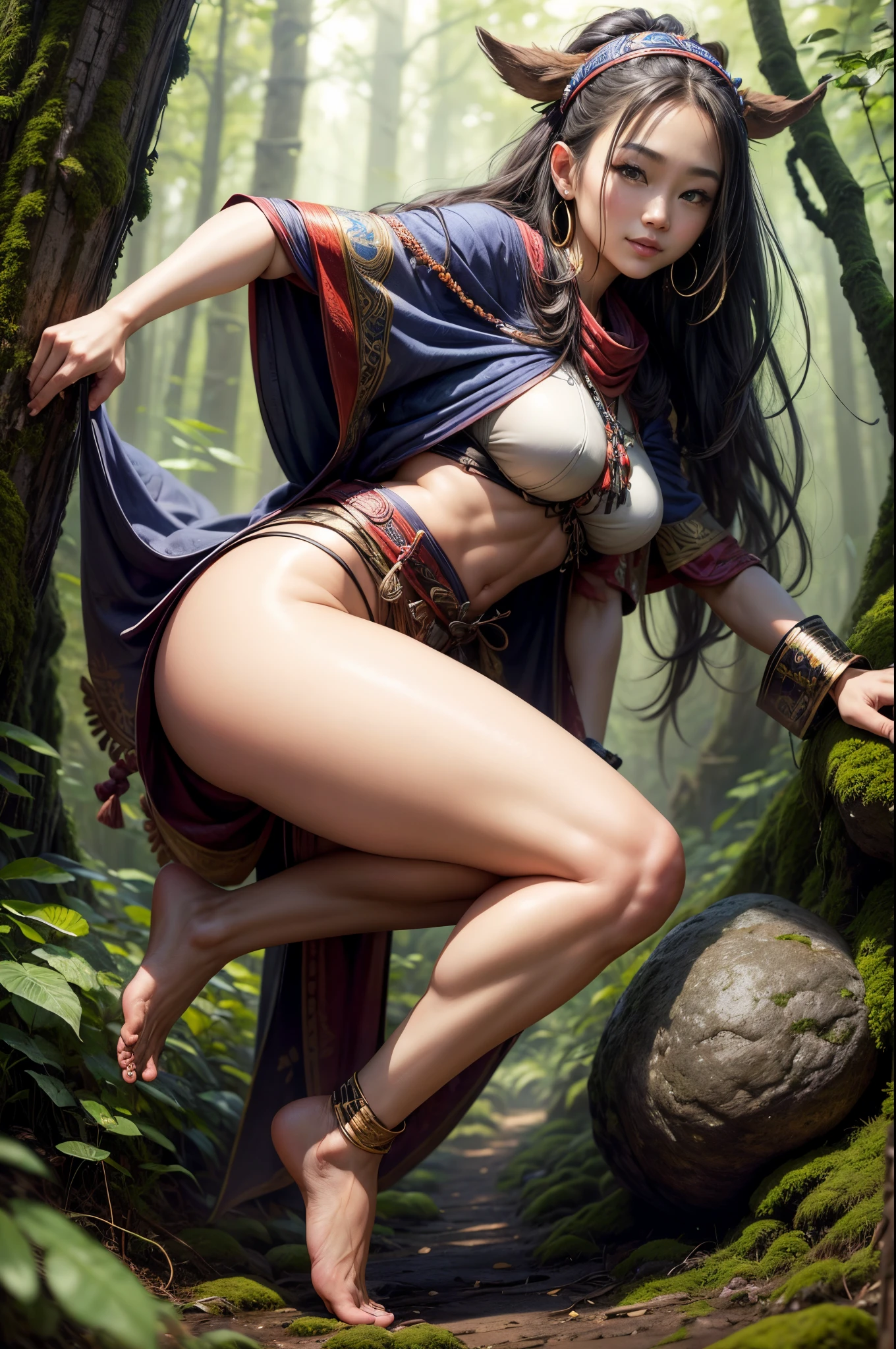 ((low angle, full body, maximum quality, hyper-realistic, 8k, high definition, detailed detailed piece)) masterpiece, a beautiful young indigenous Japanese woman, Ainu, very hot, , cute, with full lips, thick thighs (beautiful legs), full , beautiful eyes, flowing hair, wears a bandana on her forehead, earrings, a small animal skin cape, barefoot, is standing posing on a rock in the forest, in a fearless pose and smiling.