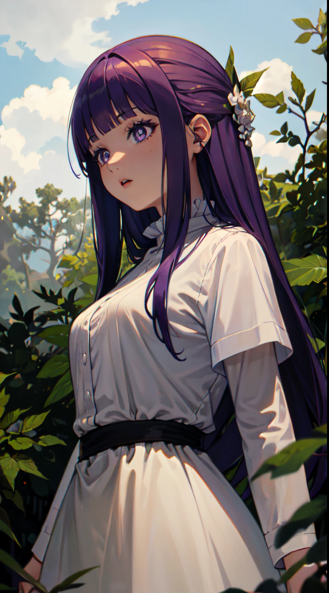 A girl sitting in a fern-filled garden with vibrant purple hair, depicted in a detailed digital art style. The artwork showcases her full body, including her beautiful detailed eyes, lips, and face with long eyelashes. The image is of the highest quality, with sharp focus and ultra-detailed elements. The colors are vivid and the lighting creates a warm and inviting atmosphere. The girl's purple hair stands out against the lush green ferns, adding a touch of fantasy and uniqueness to the scene.